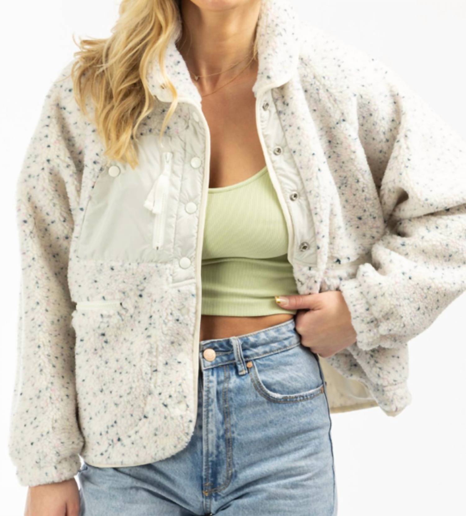 Shop Et Clet Dotted Snap Button Jacket In Sherpa In Beige