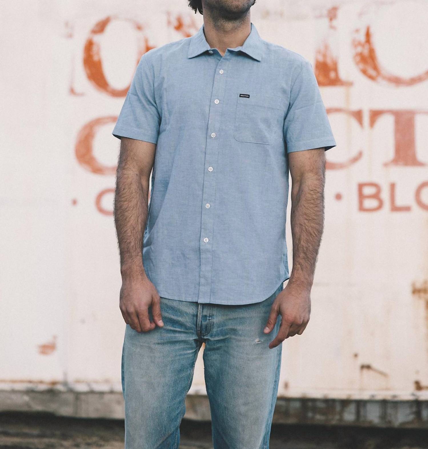 Shop Brixton Charter Oxford Short Sleeve Top In Light Blue Chambray In Grey