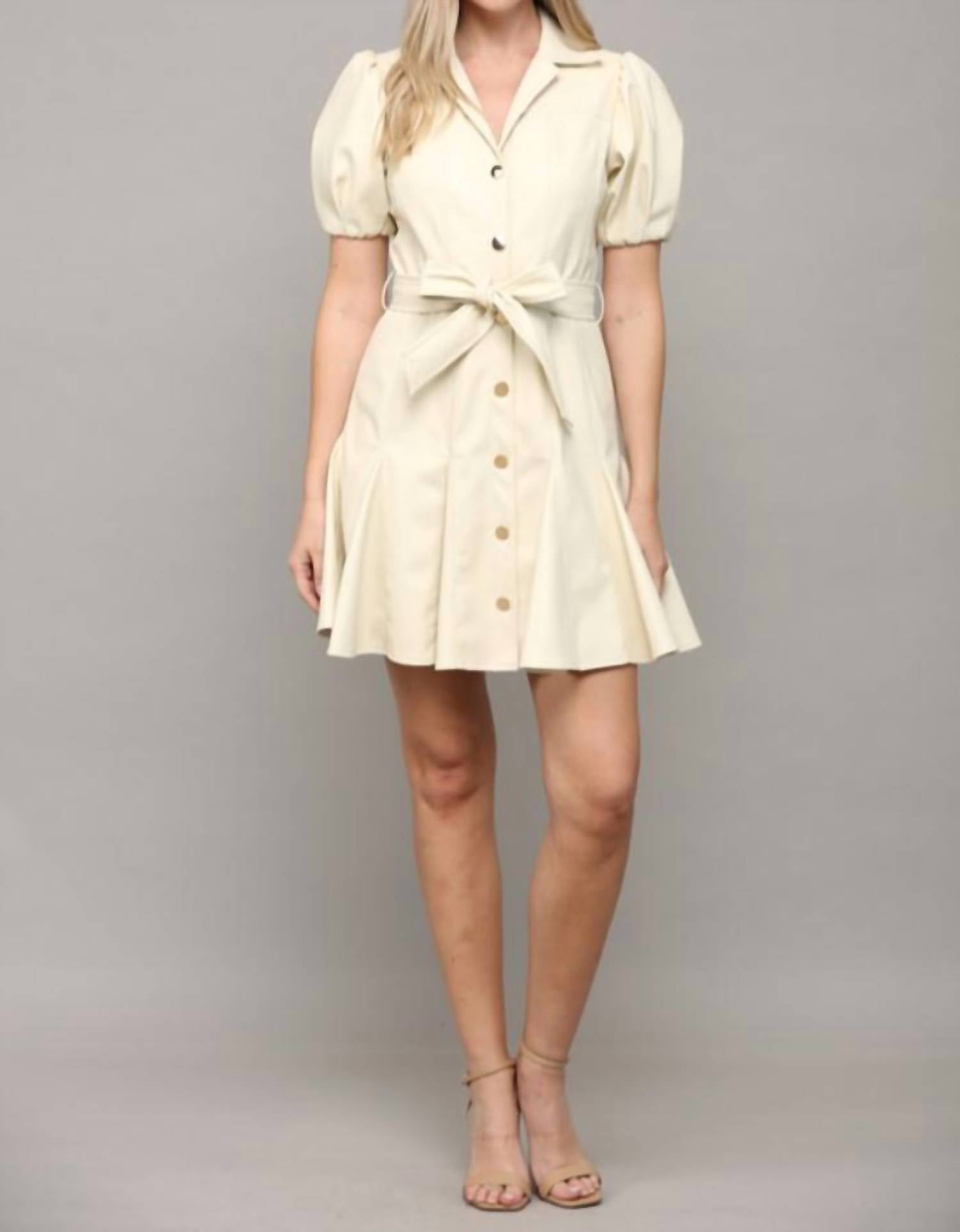 Fate Faux Leather Flare Dress In Ivory In Neutral