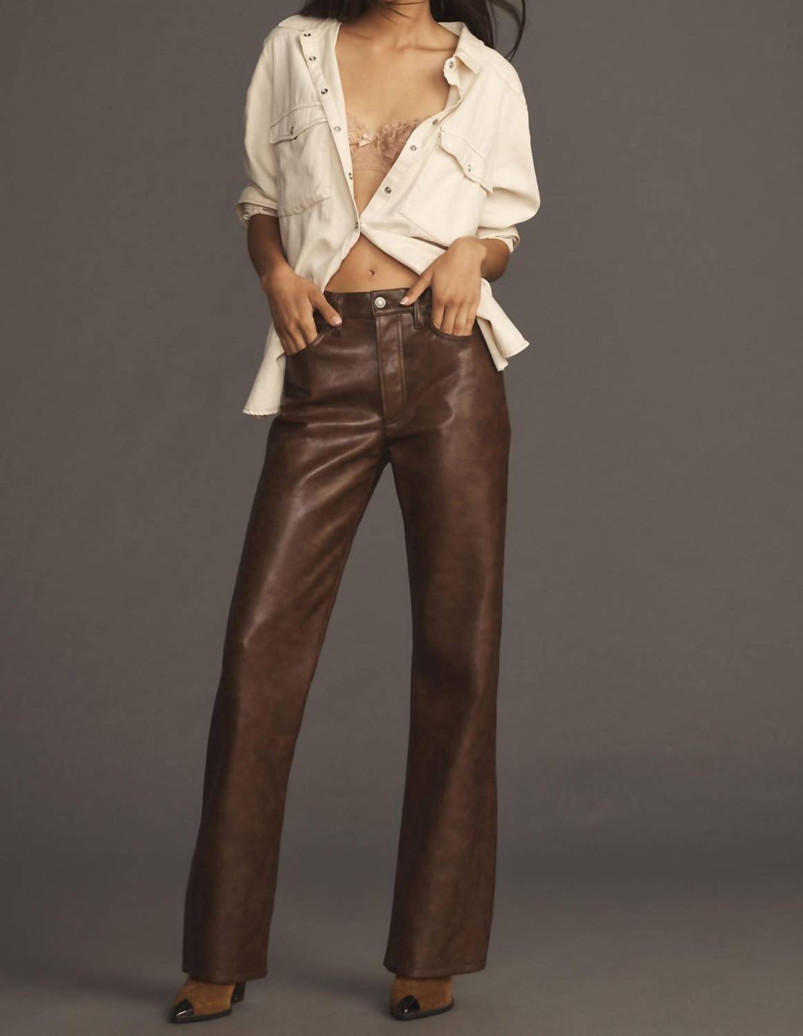 Shop Agolde Sloane Leather Blend Pant In Cola In Brown