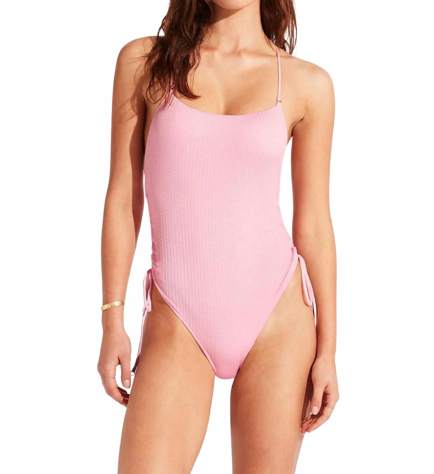 Seafolly Sea Dive Scoop Neck Drawstring Side One Piece Swimsuit In Parfait Pink In Pink