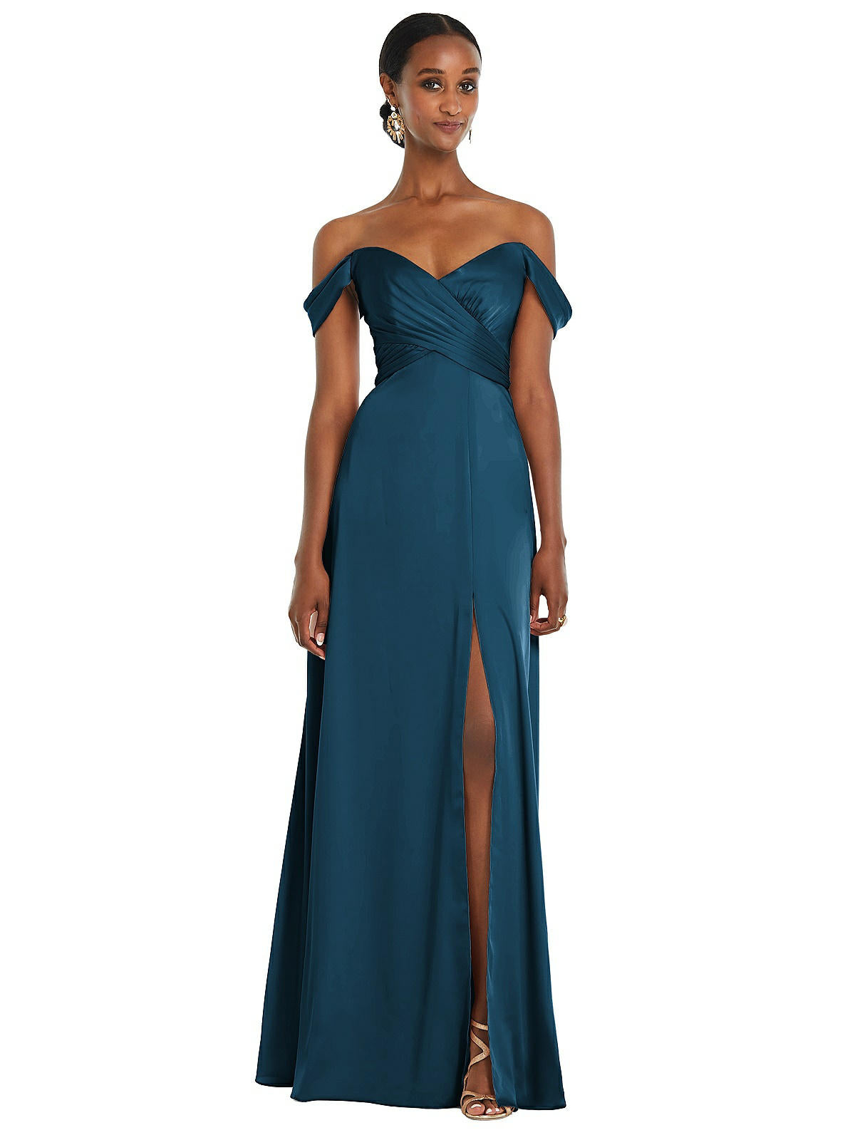 Shop Dessy Collection Off-the-shoulder Flounce Sleeve Empire Waist Gown With Front Slit In Multi