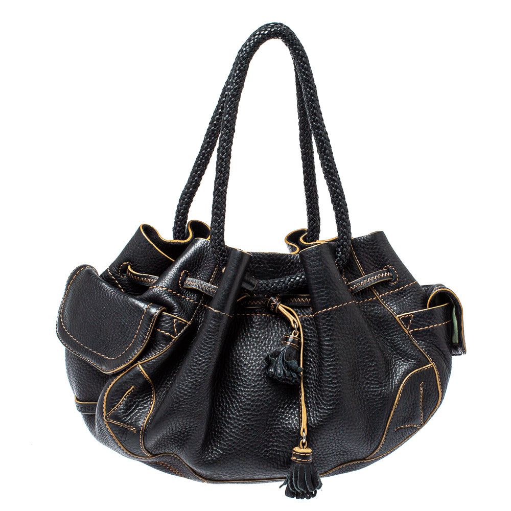 Shop Cole Haan Leather Drawstring Braided Handle Hobo In Black