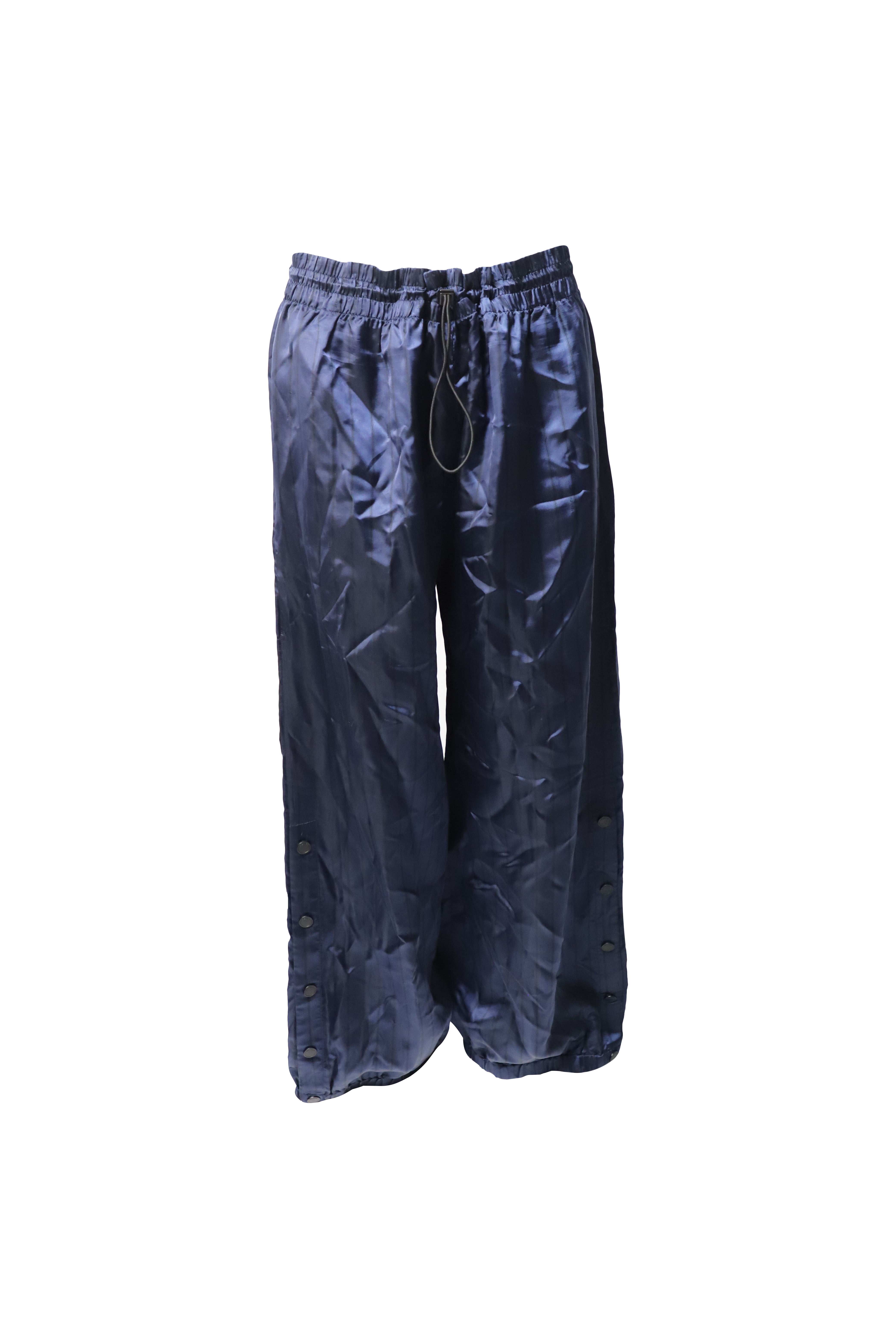 Image of Monse Snap-Embellished Pinstriped Wide-Leg Pants in Navy Blue Satin