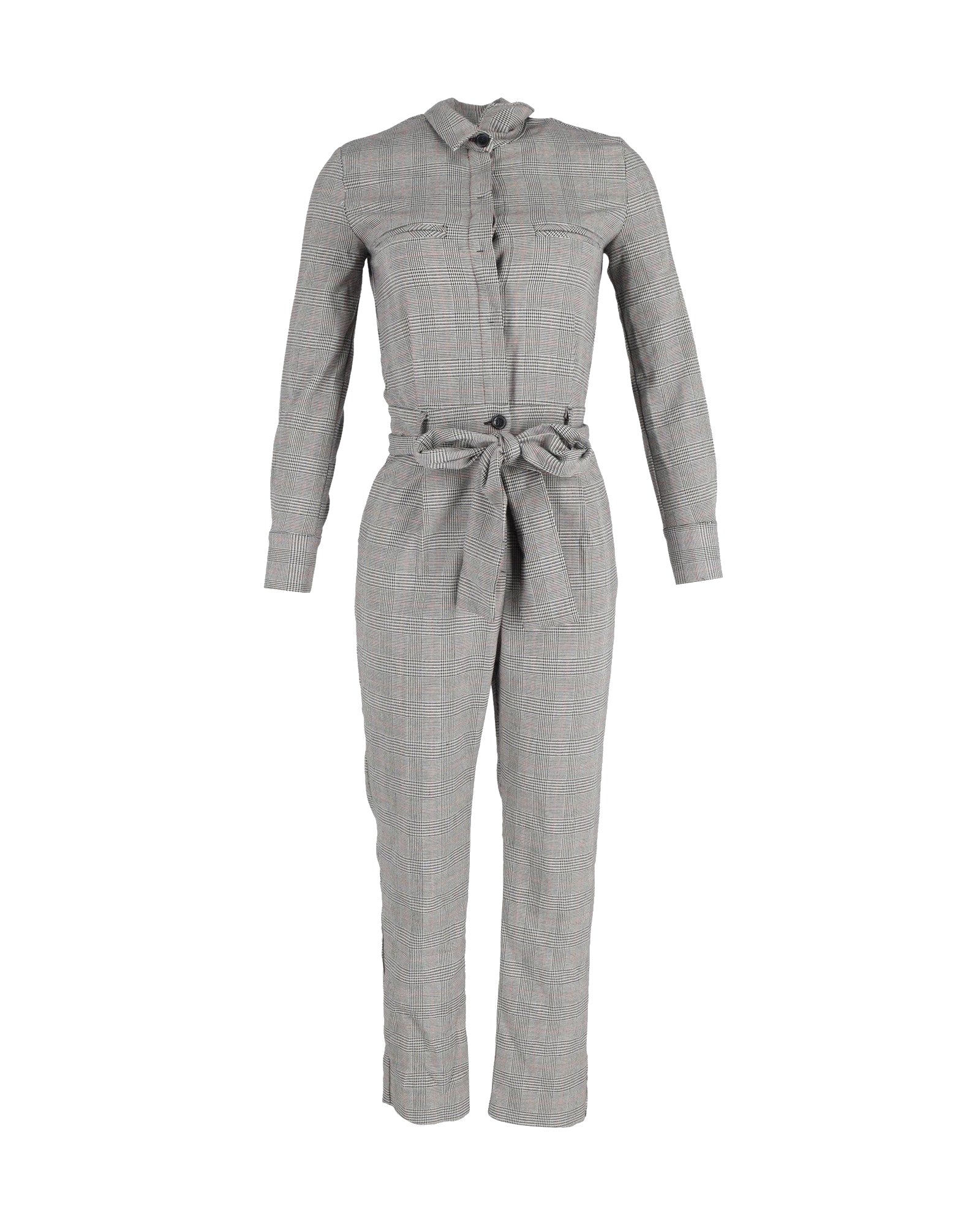 image of Iris & Ink Plaid Belted Jumpsuit in Grey Cotton