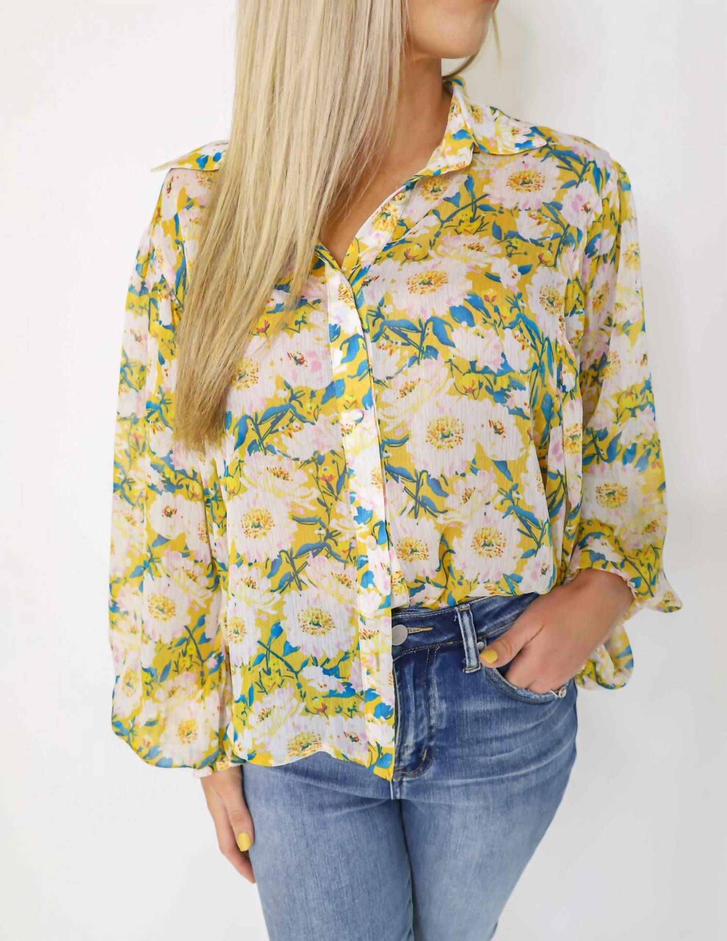 Shop Eesome Floral Button Front Blouse In Mustard In Beige