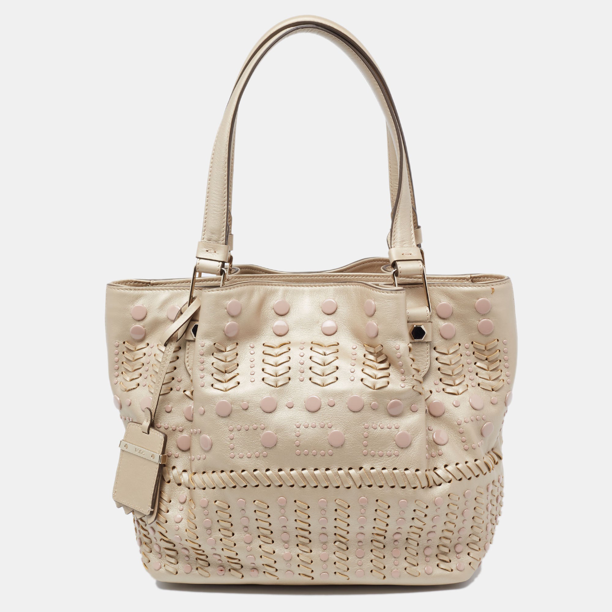 Shop Tod's Metallic Beige Leather Studded Flower Tote