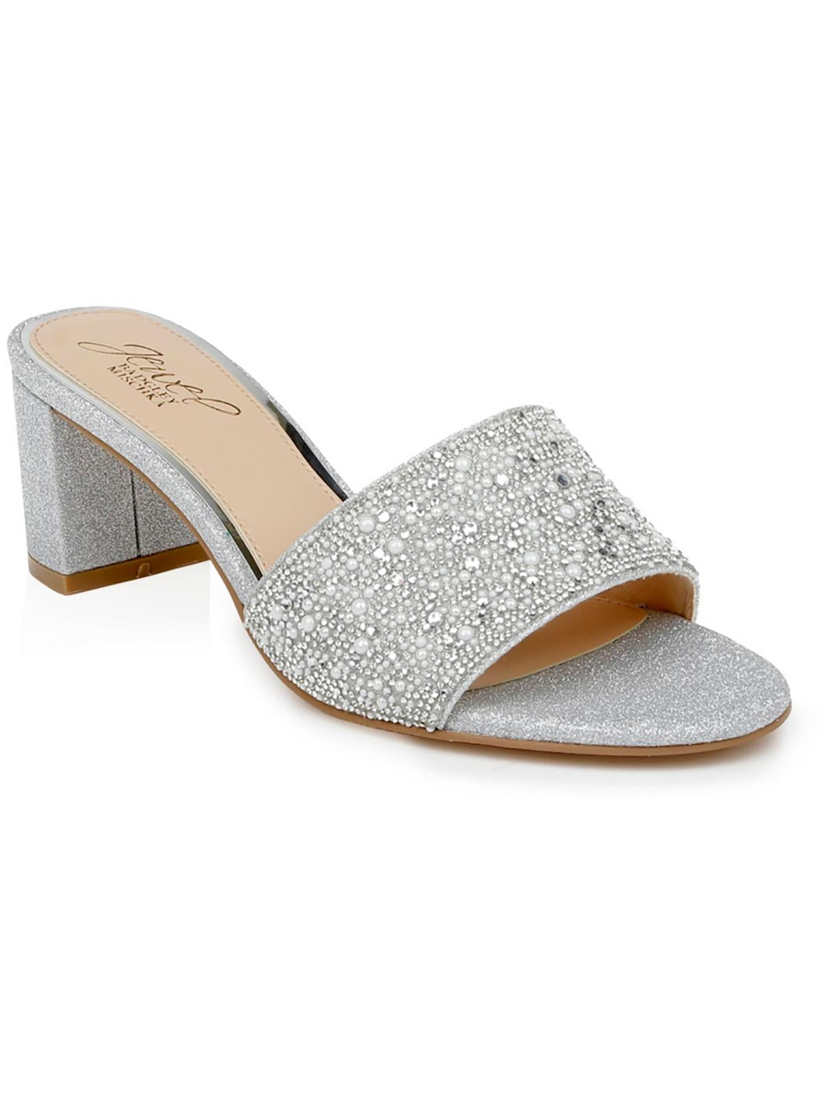 Jewel Badgley Mischka Della Womens Rhinestone Slip On Block Heel In Gray