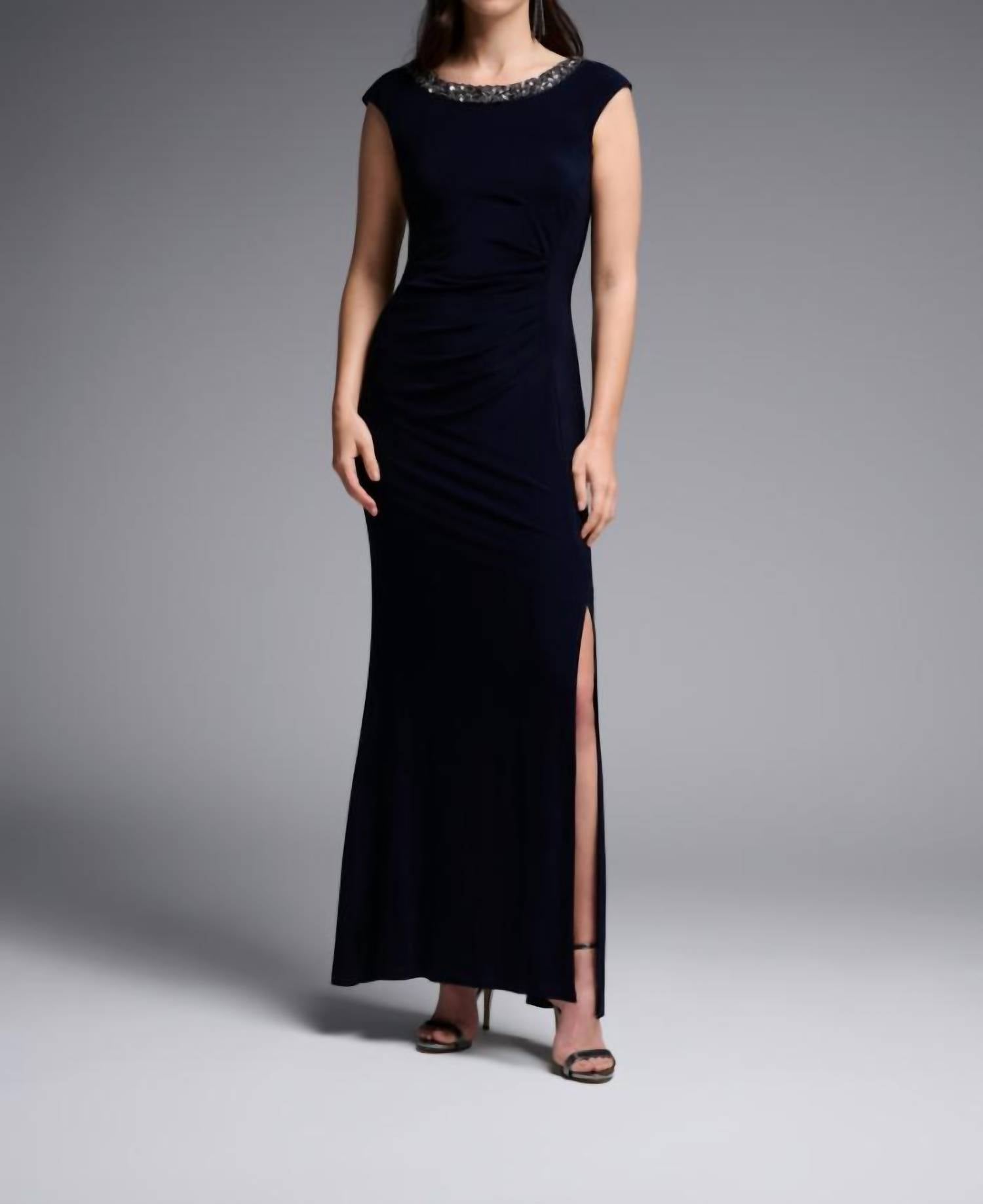 Shop Joseph Ribkoff Embellished Neckline Gown In Black In Blue