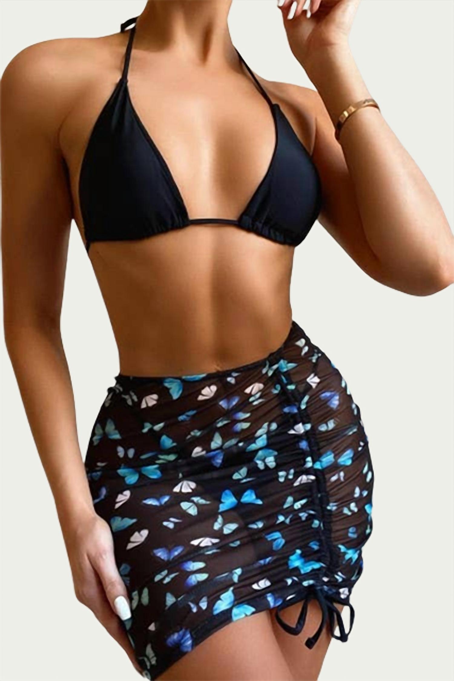 Shop Love J Style Butterfly Skirt Three-piece Bikini Set In Black