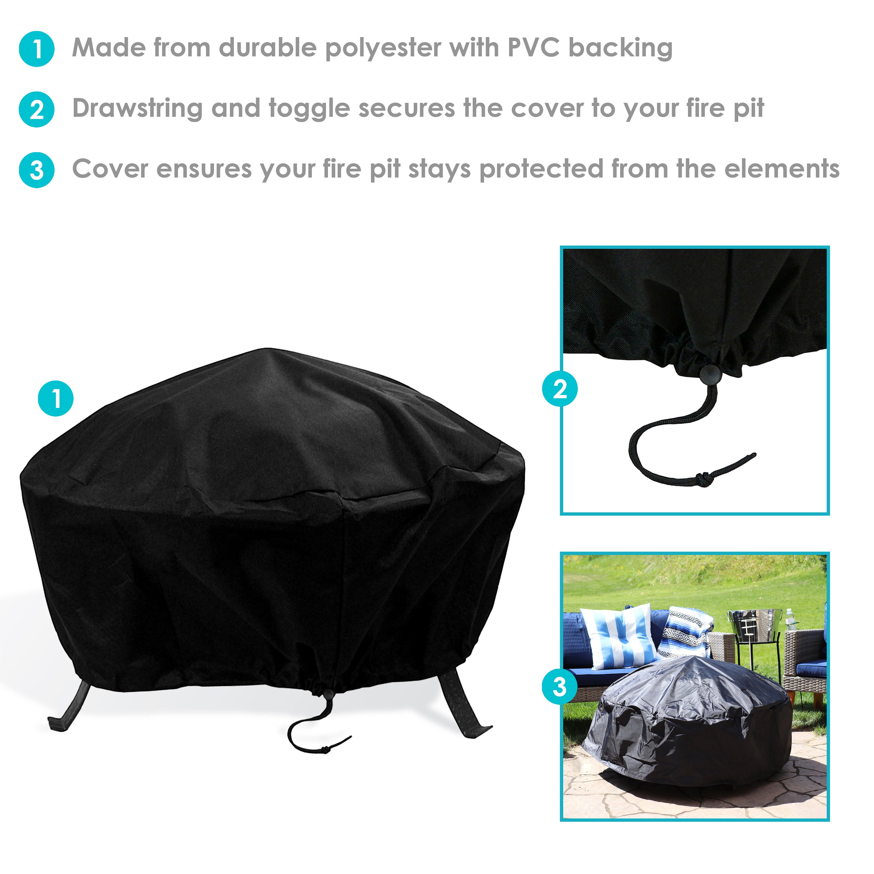 Sunnydaze Outdoor Heavy-Duty Weather-Resistant Vinyl PVC Round Fire Pit Cover with Drawstring Closure - 40" - Black