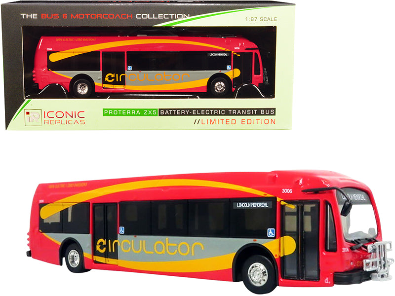 Iconic Replicas Proterra Zx5 Battery-electric Transit Bus Dc Circulator "lincoln Memorial" (washington D. C.) Red An