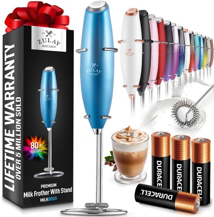 Zulay Kitchen Handheld Milk Frother With 4 Duracell Batteries And Stand Included