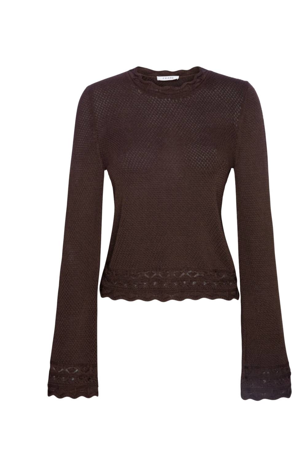 Frame Pointelle Bell Sleeve Sweater In Chocolate In Gold