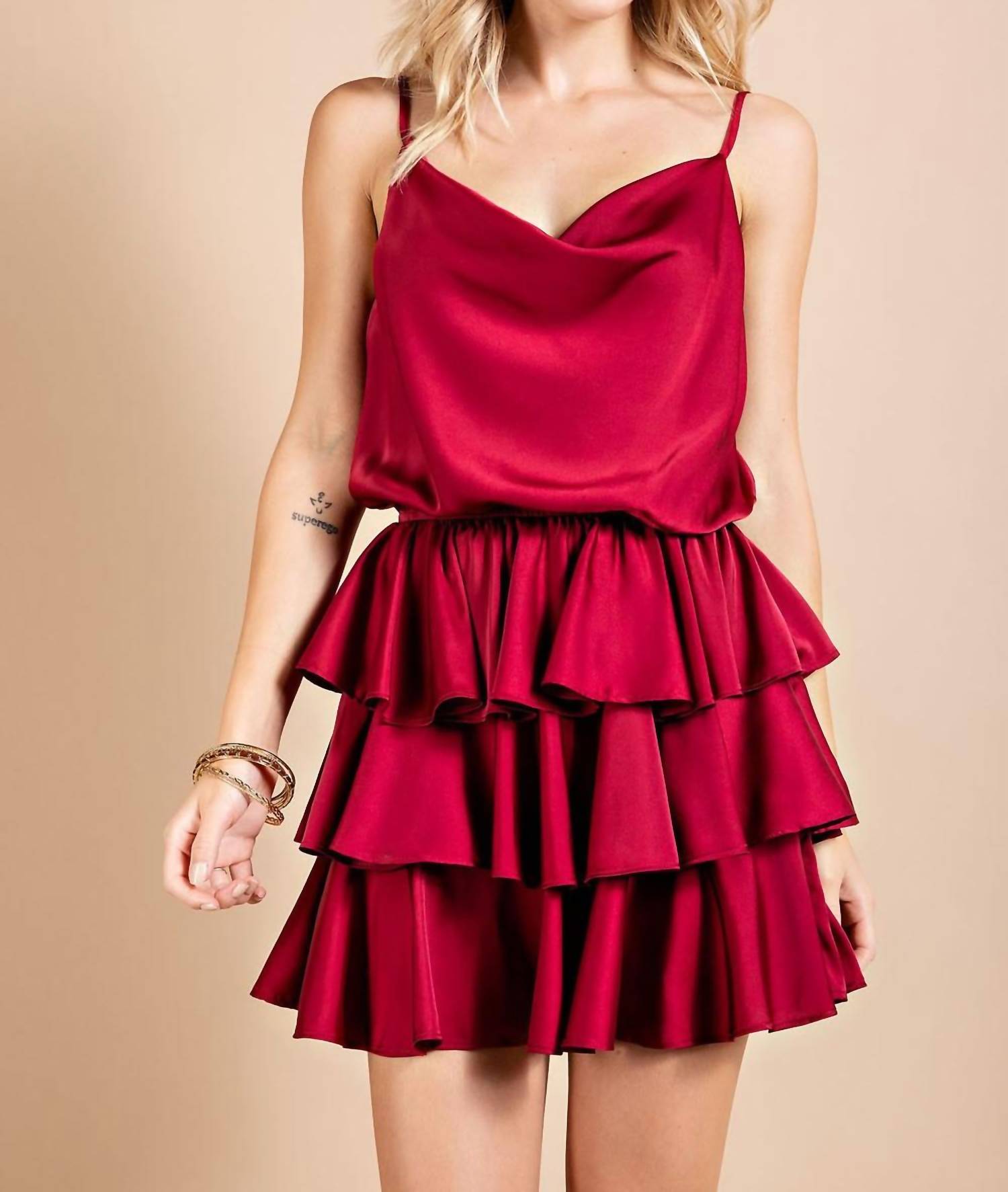 Shop Eesome Cowl Neck Ruffled Bottom Mini Dress In Wine In Red