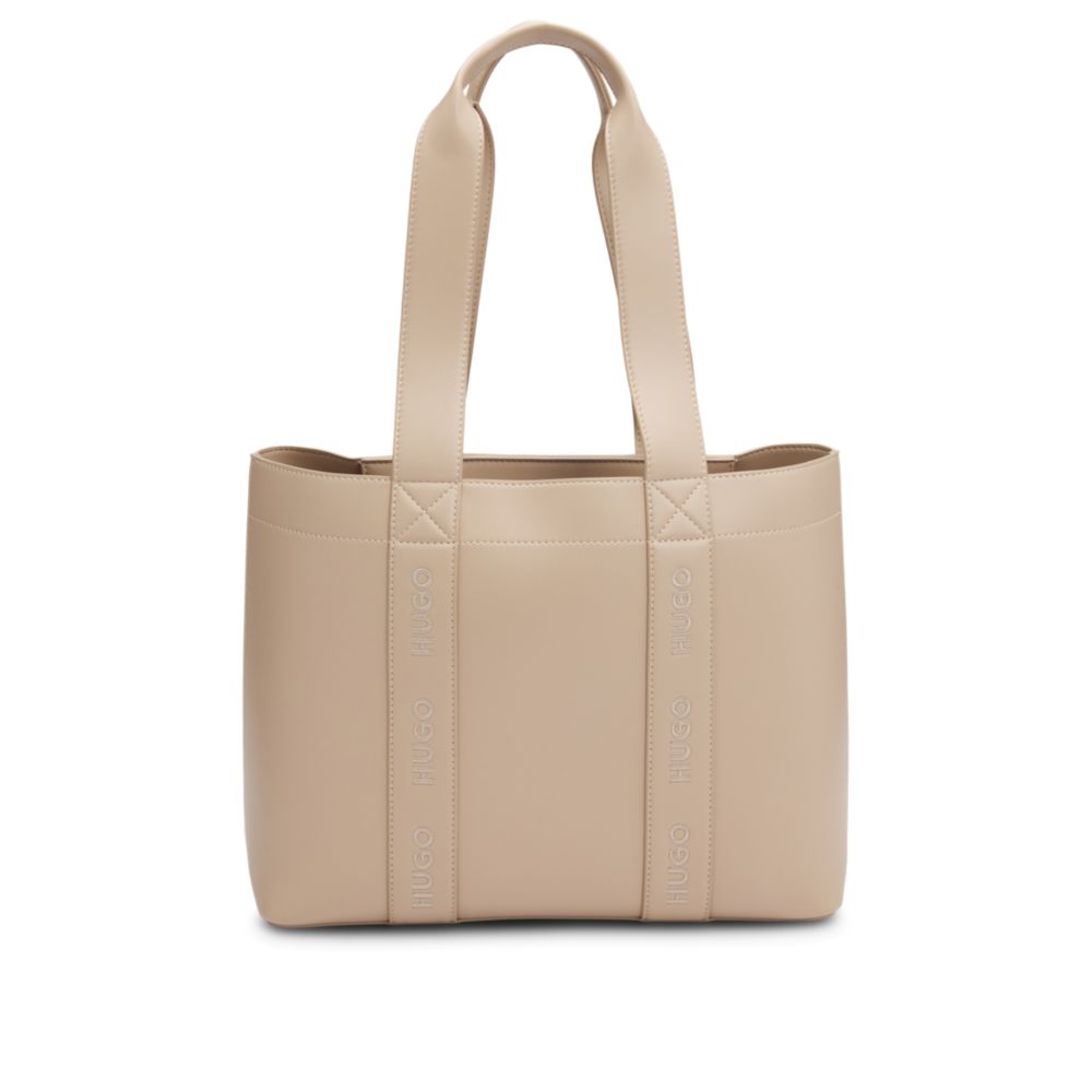 Hugo Boss Leather Tote Bag With Embossed Logo In Brown