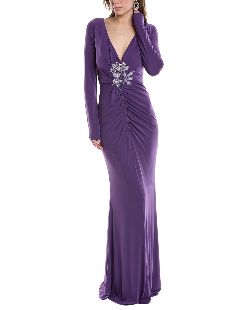 Marchesa Notte Floral-appliqué Ruched Gown In Purple