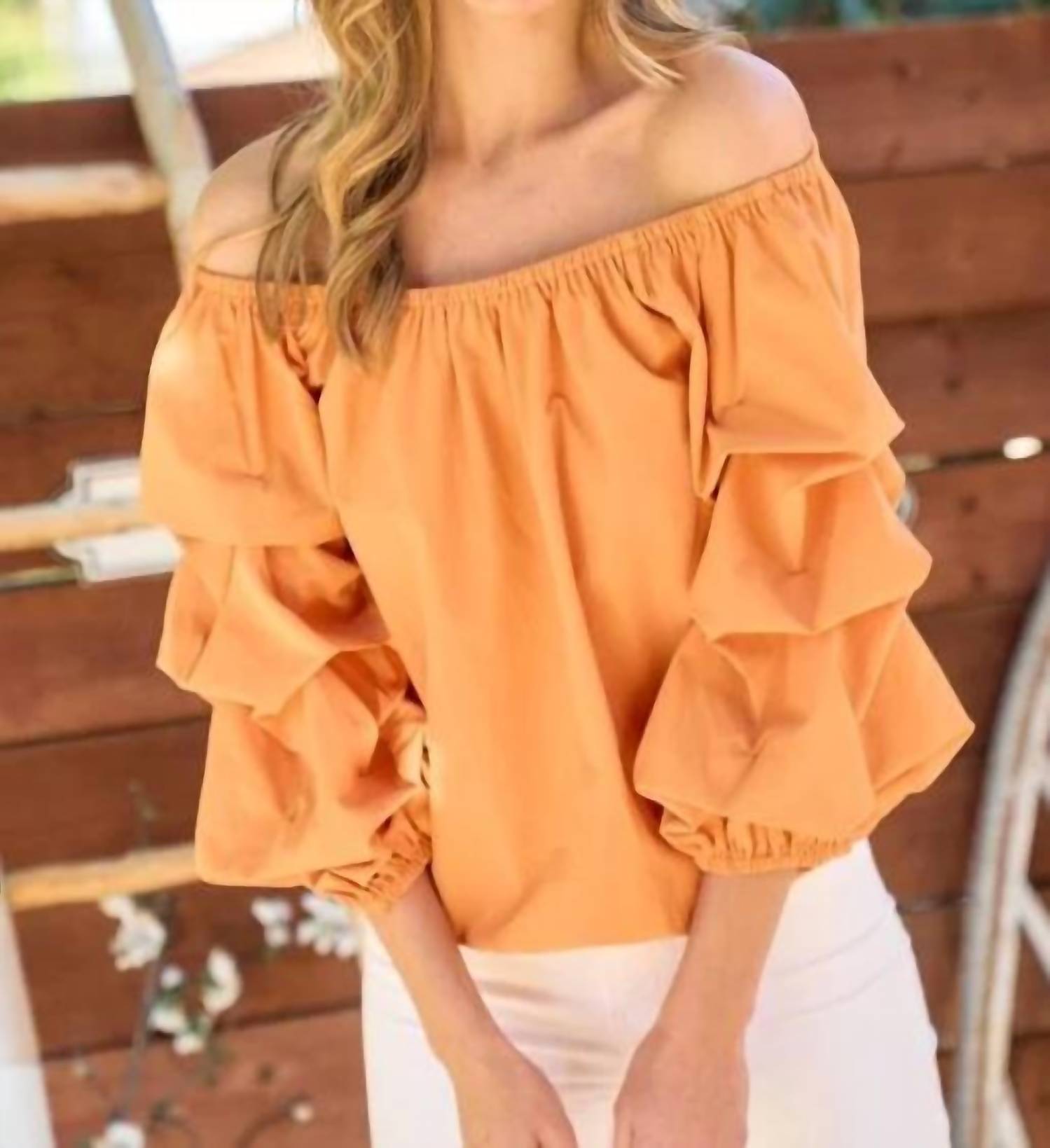 Shop Hailey & Co Off Shoulder Cinched Sleeve Top - Orange In Yellow