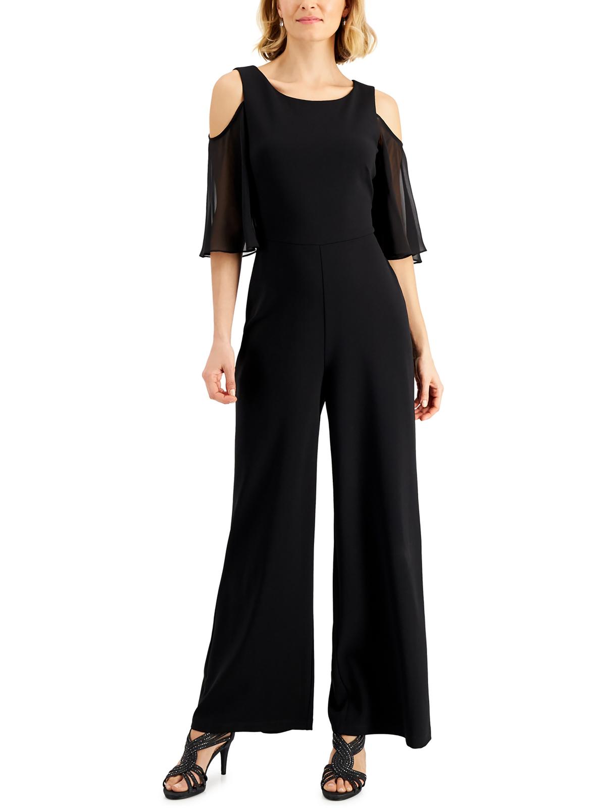 Connected Apparel Womens Chiffon Sleeve Cold Shoulder Jumpsuit In Black