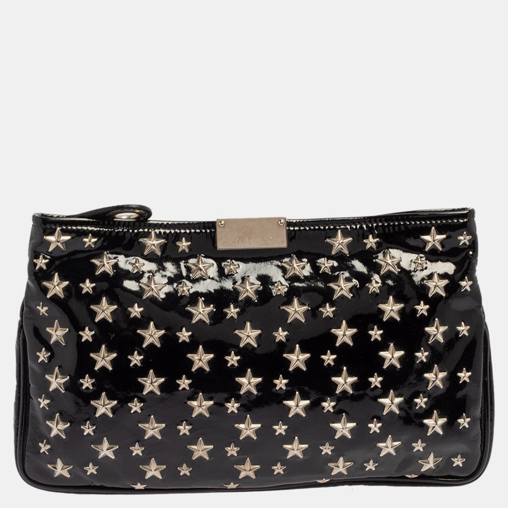 Jimmy Choo Patent Leather Star Studded Clutch In Black
