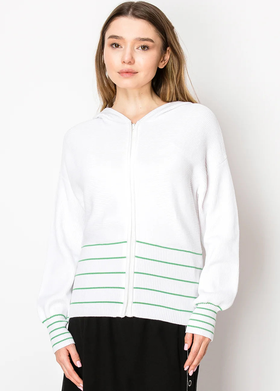 Yal New York White & Green Striped Zip Hoodie In White