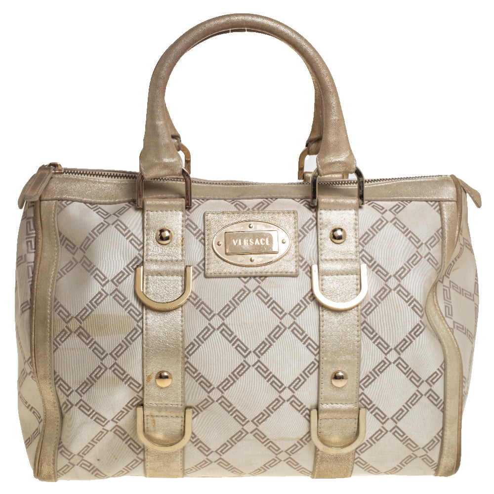 Versace Metallic Gold/cream Signature Canvas And Leather Snap Out Of It Satchel In White