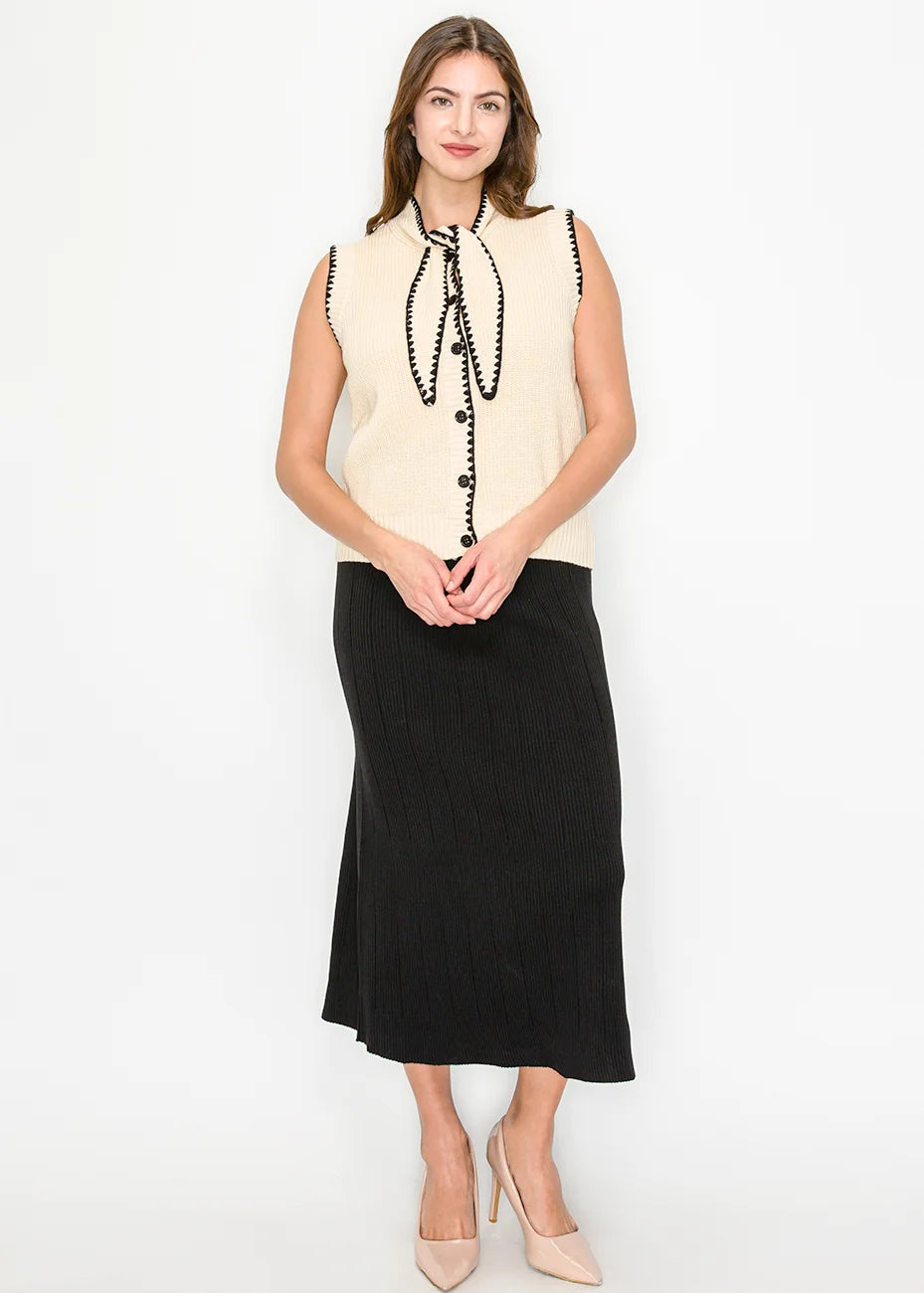 Cream Knit Vest with Contrast Trim and Bow Tie