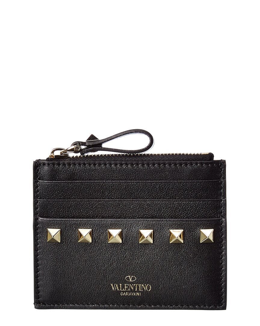 Shop Valentino Rockstud Leather Card Holder In Black