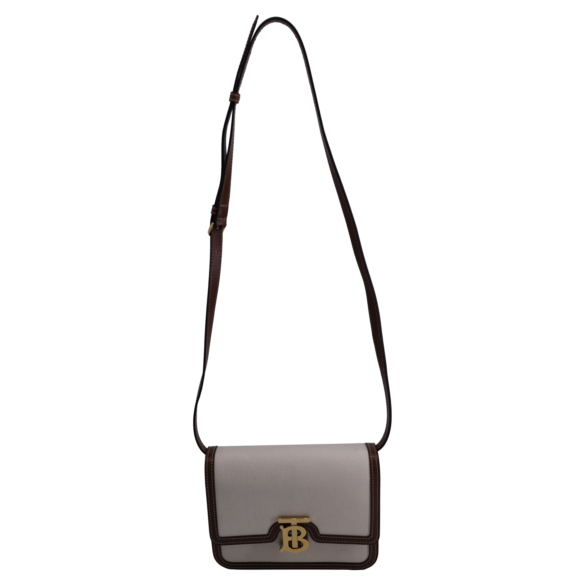 Image of Burberry Mini TB Leather-Trimmed Shoulder Bag in Cream Canvas