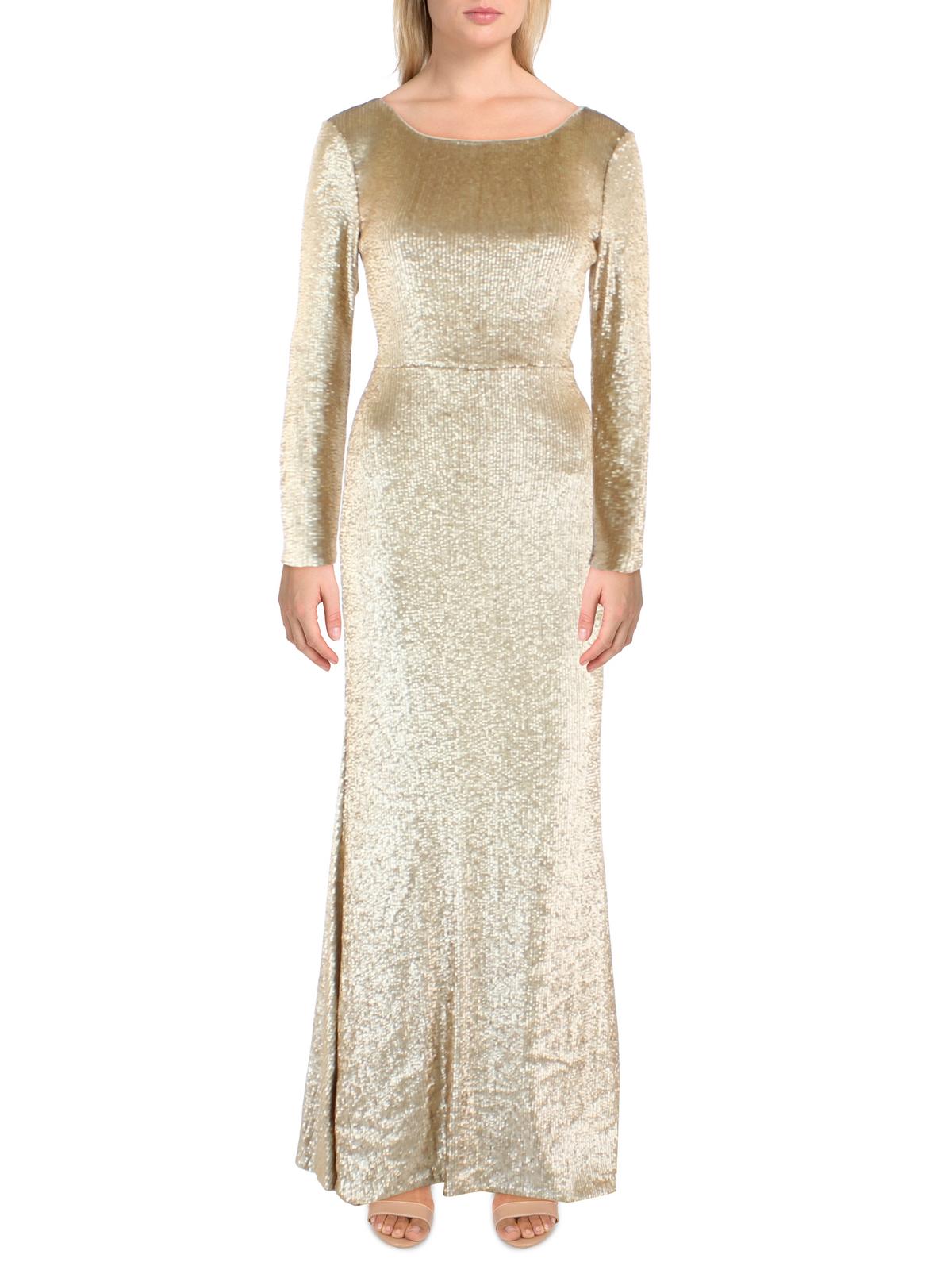 Shop Donna Karan Womens Sequined Long Sleeves Evening Dress In Beige