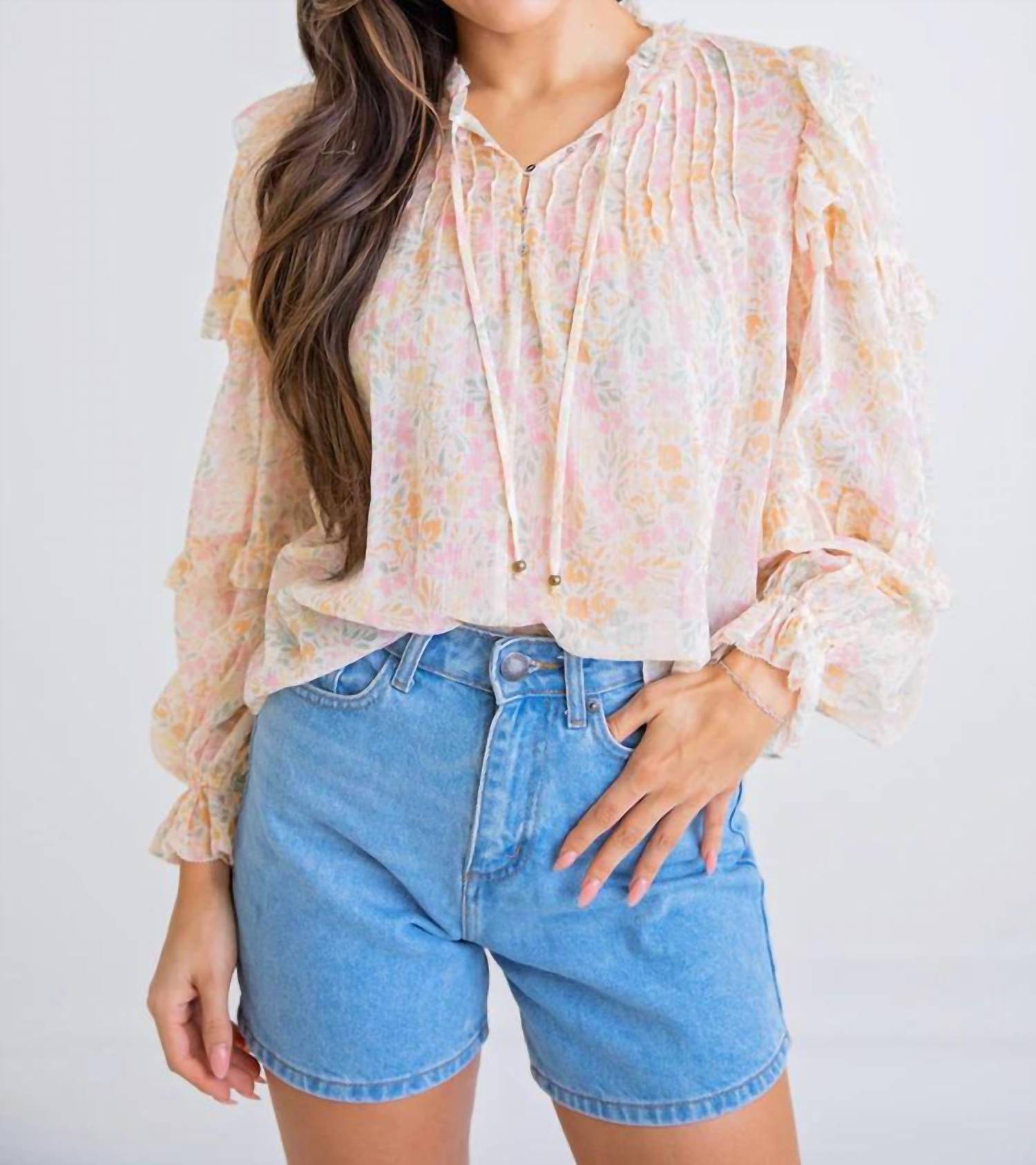 Karlie Thera Ruffle Top In Floral Pastel In Neutral