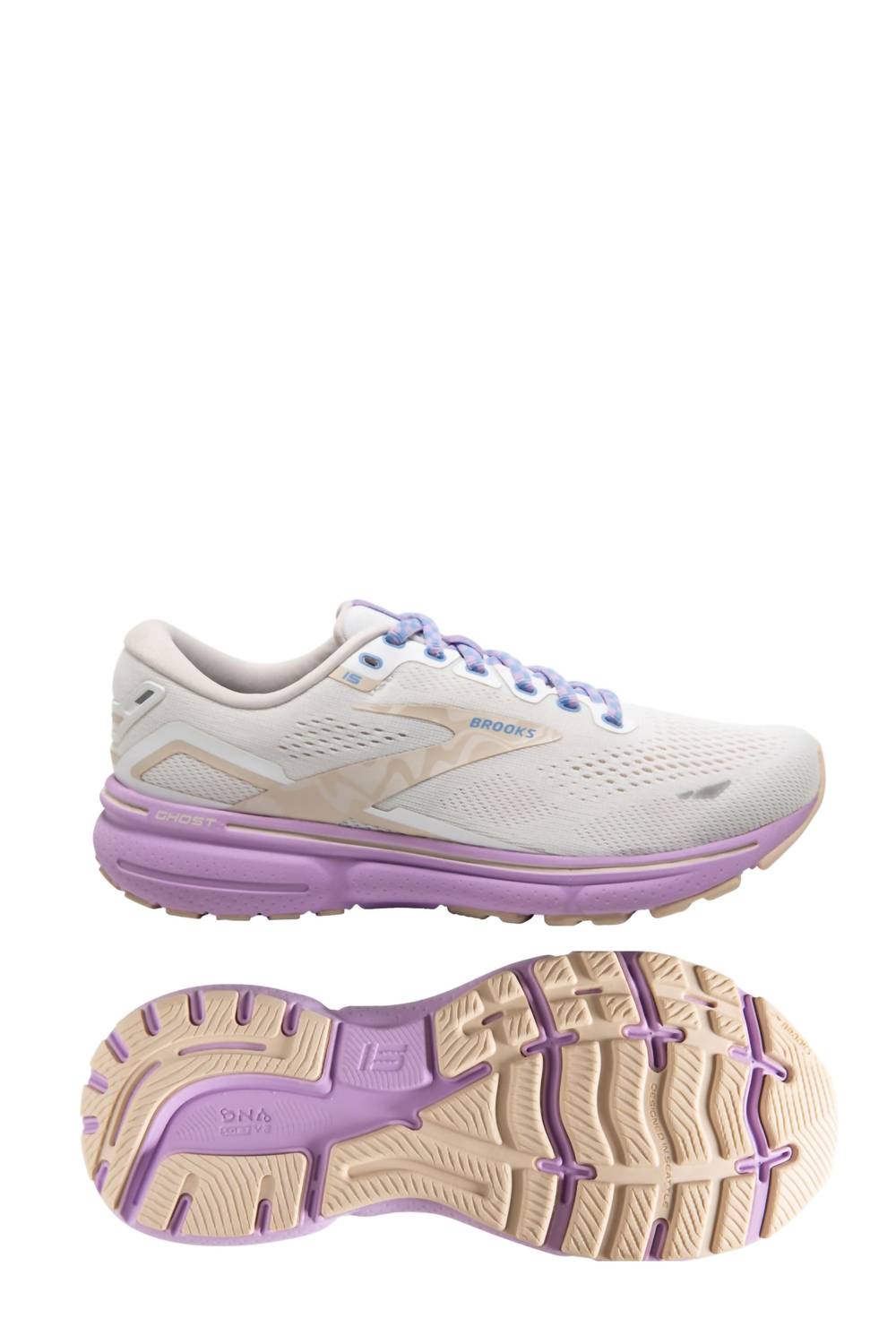 Brooks Women's Ghost 15 Running Shoes - B/medium Width In White/parchment/lavendula In Gray