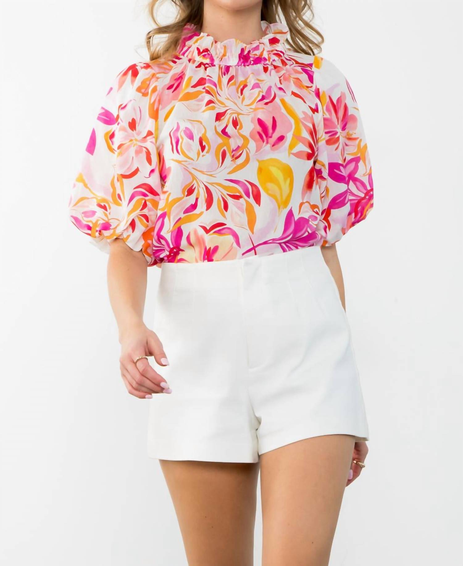 Thml Puff Sleeve Flower Print Top In Floral Pink In Multi