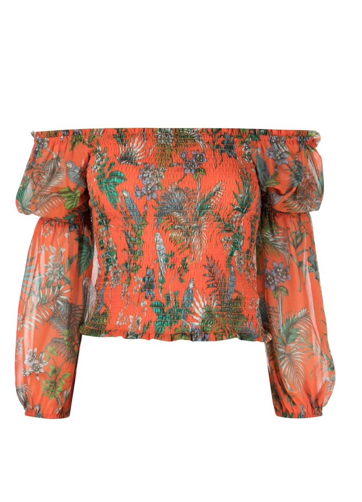 Shop L Agence Cece Smocked Off Shoulder Top In Orange Multi Parrot In Pink