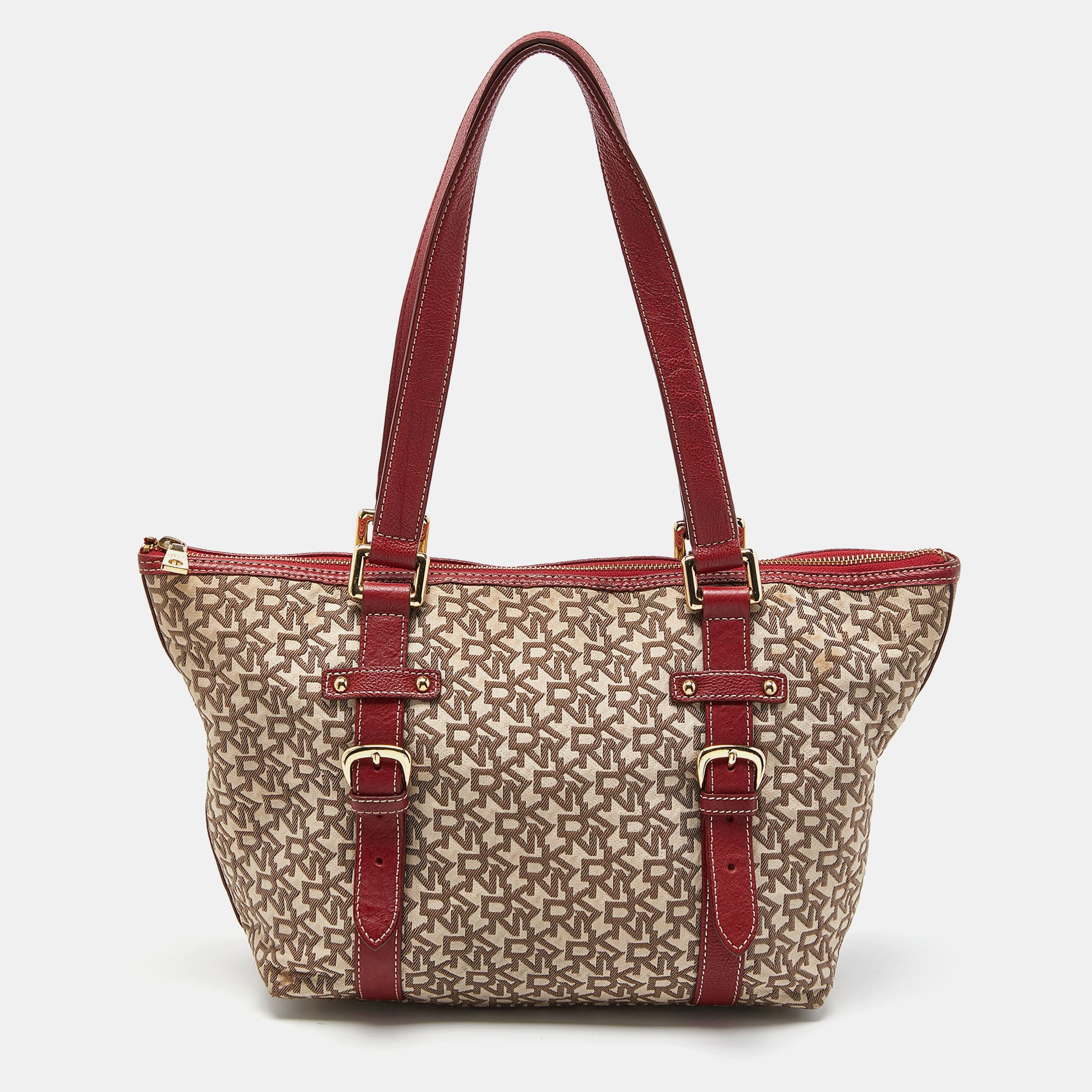 image of Dkny Beige/red Signature Canvas And Leather Zip Tote