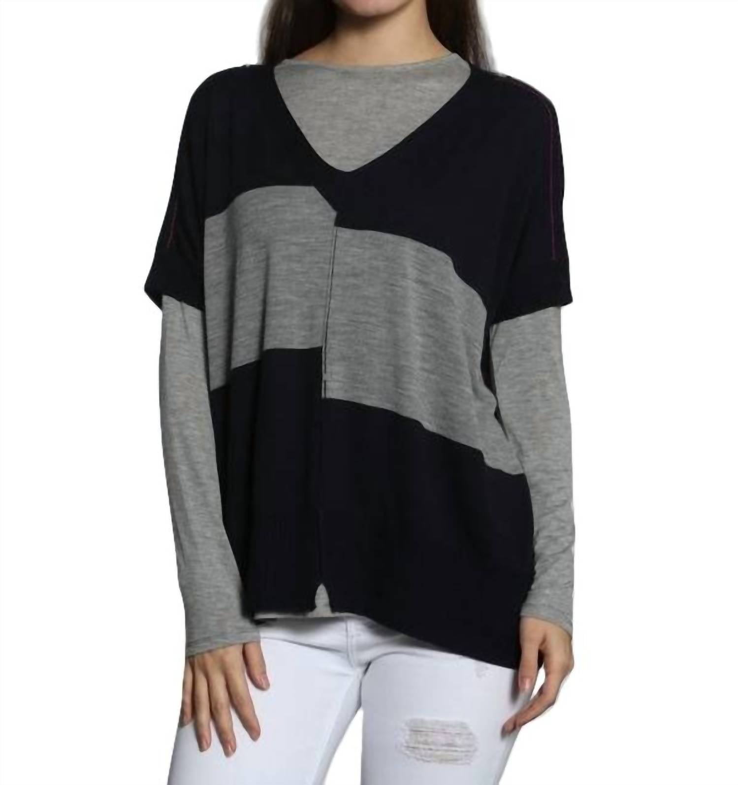 Shop Label+thread Wide Chic Vee Poncho In Navy/grey In Blue