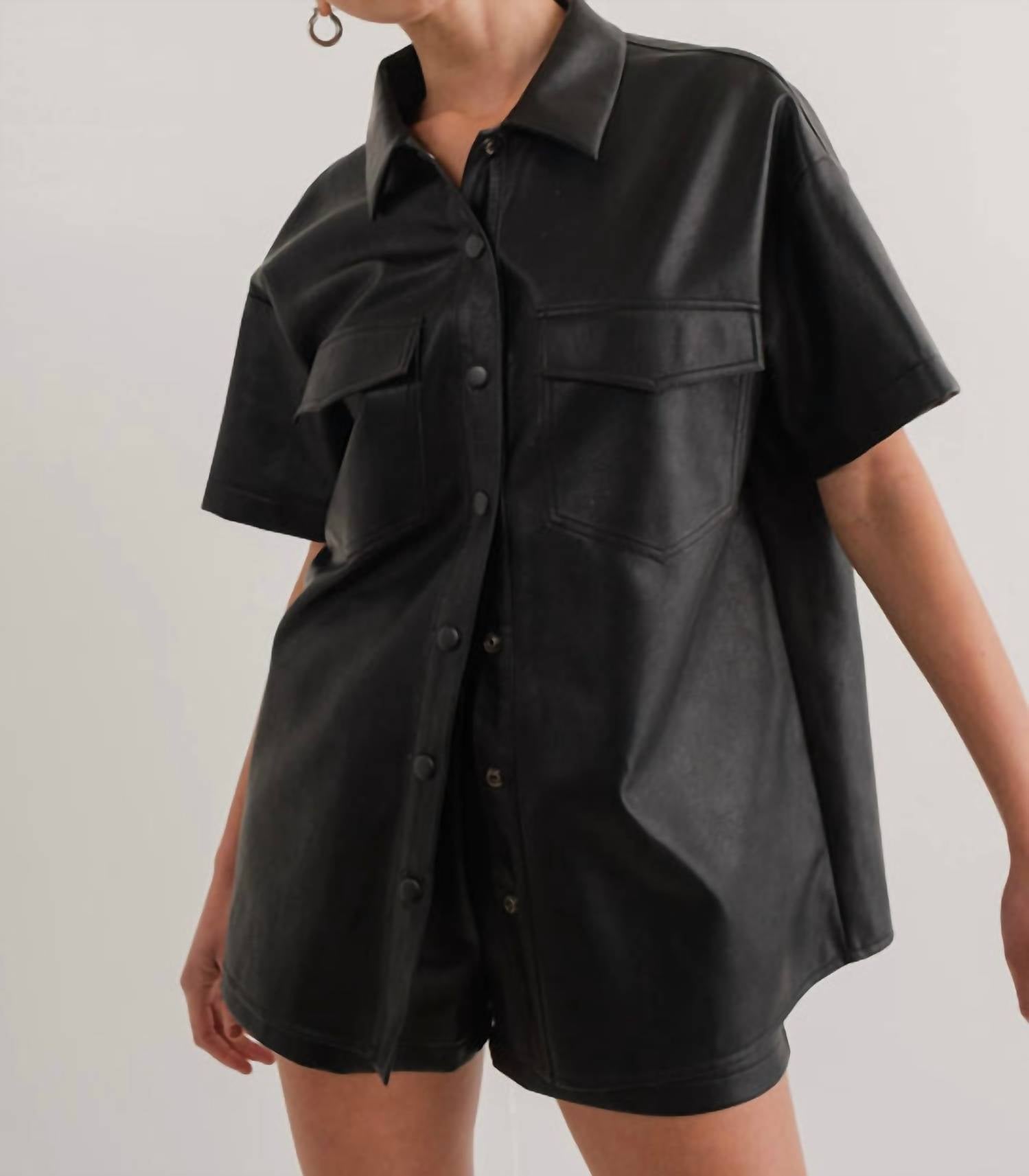 Pretty Garbage Oversized Vegan Leather Shirt In Black