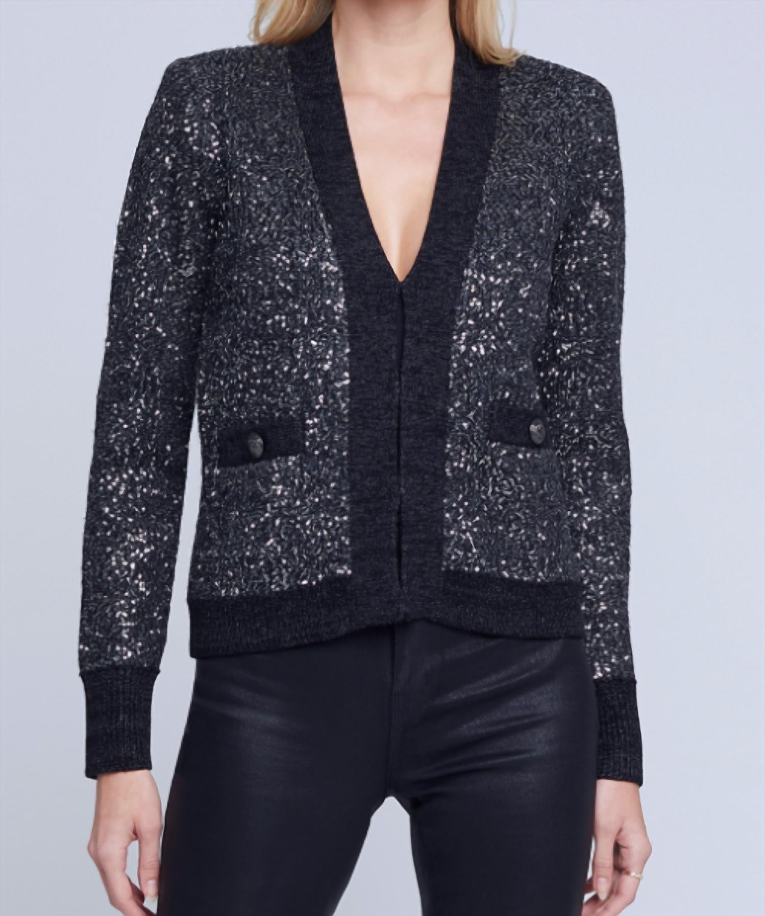 L Agence Jinny Cardigan In Black/charcoal Sequin In Neutral