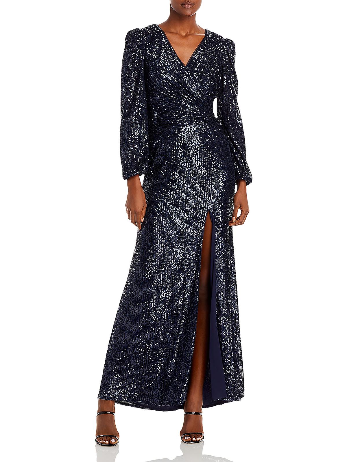 Aqua Womens Sequined Long Evening Dress In Blue