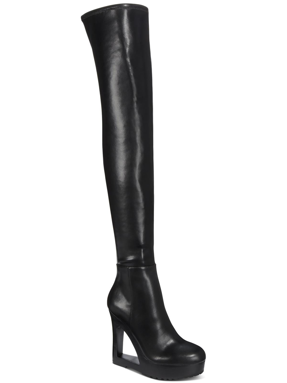 Aaj By Aminah Ava Womens Faux Leather Wedge Thigh-high Boots In Black