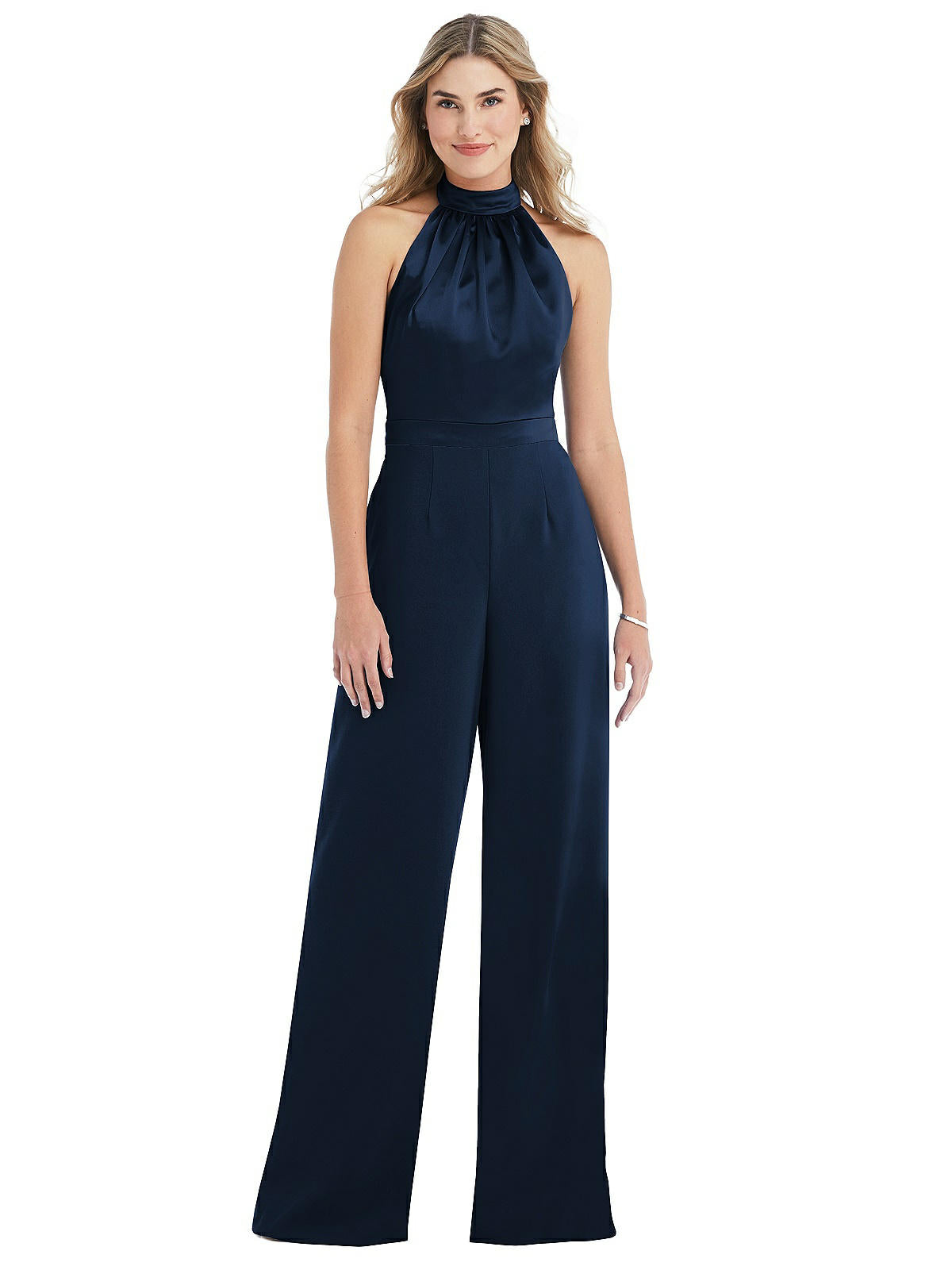 Shop After Six High-neck Open-back Jumpsuit With Scarf Tie In Blue