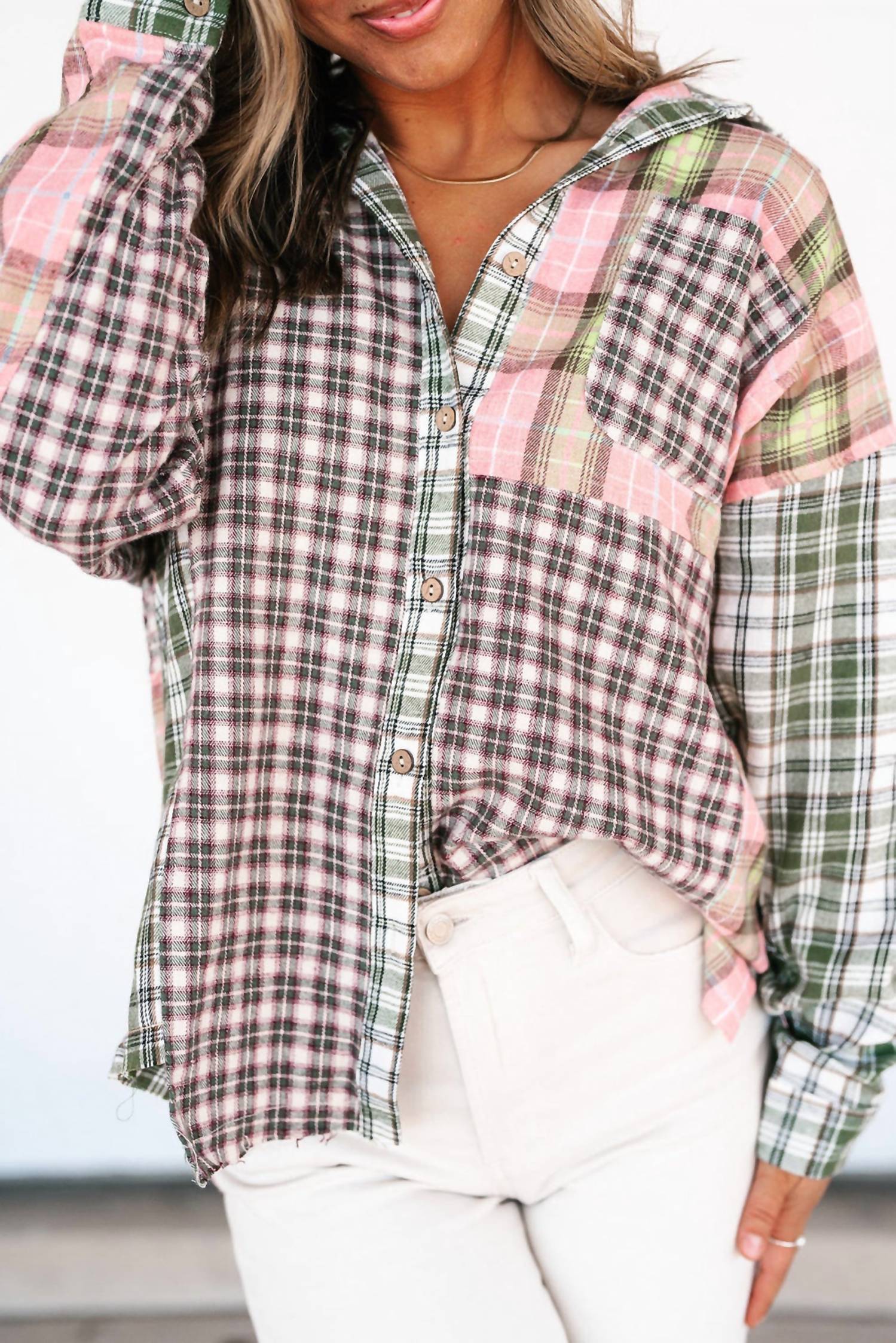 White Birch The Lizzy Plaid-block High Low Shirt In Pink