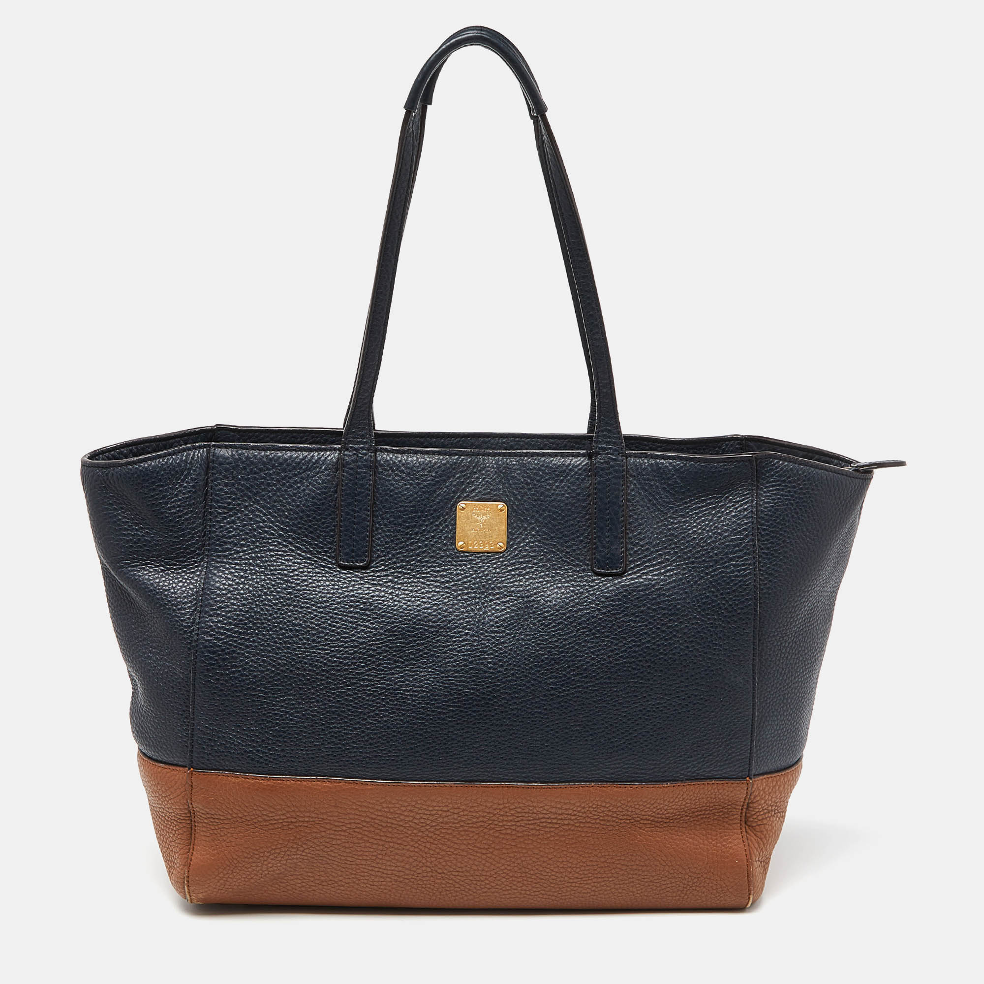 Mcm /brown Leather Zip Shopper Tote In Blue