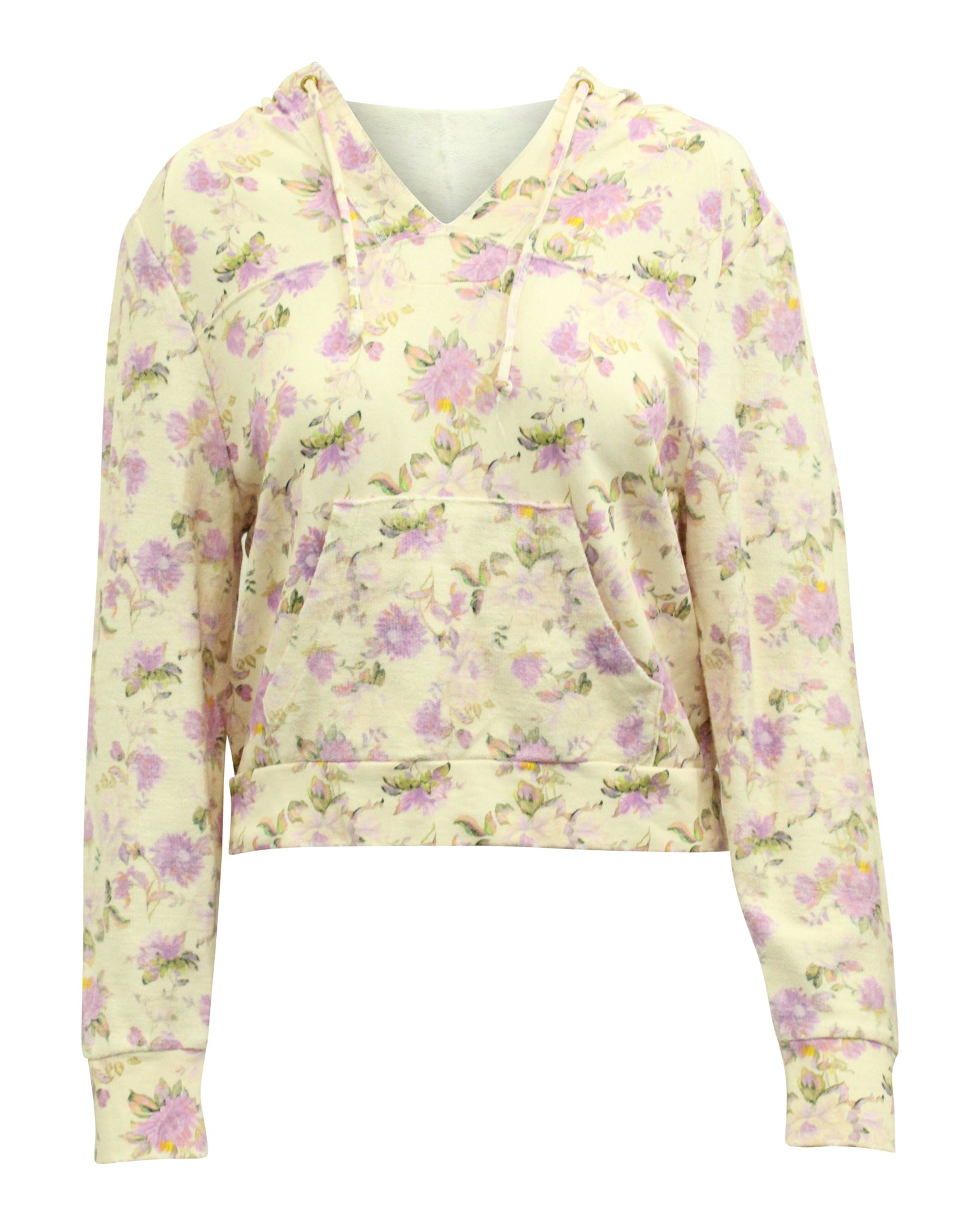 image of Love Shack Fancy Kirby Floral Print Distressed Hoodie in Cream Cotton