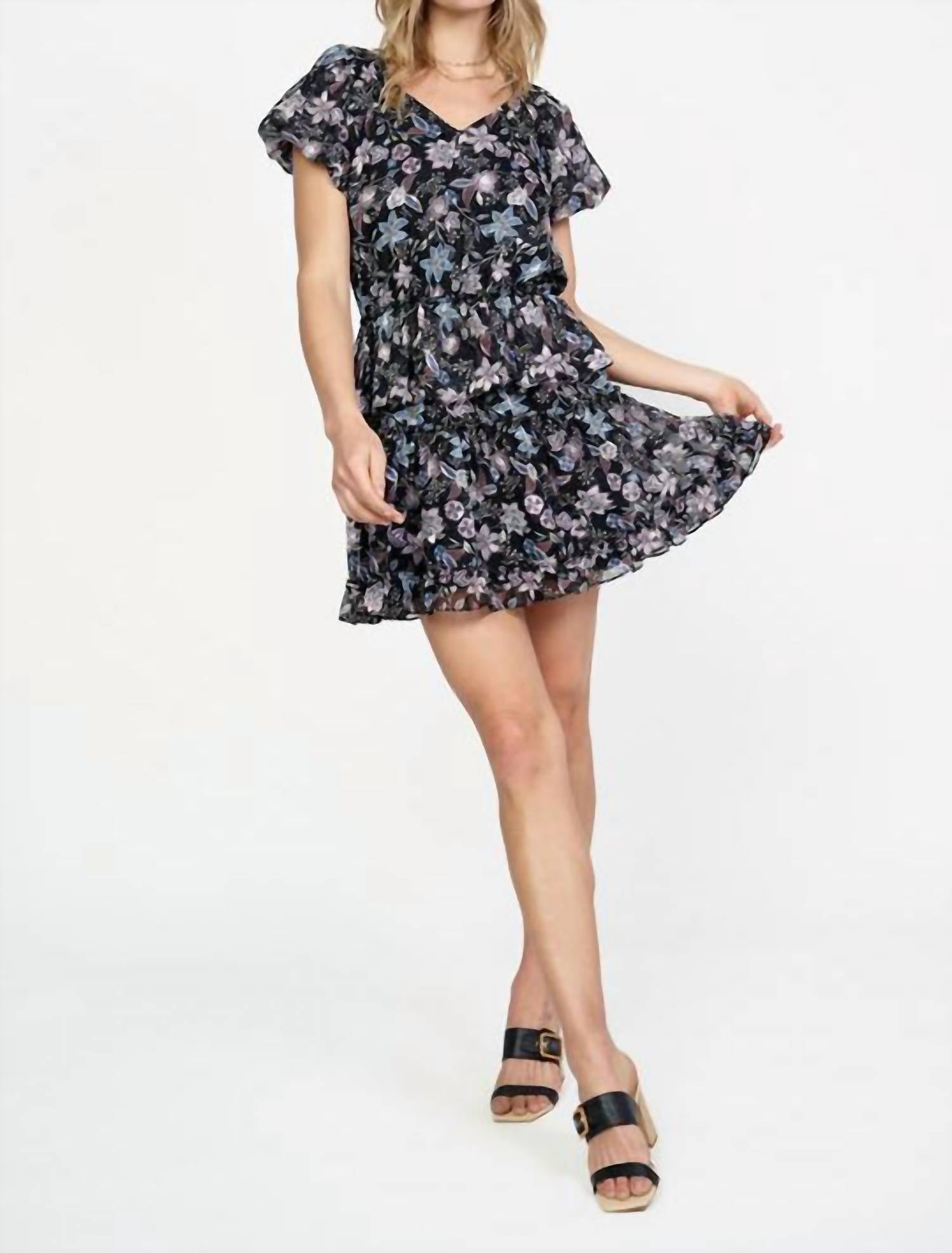 Current Air Bubble Sleeve Mini Dress In Floral In Blue