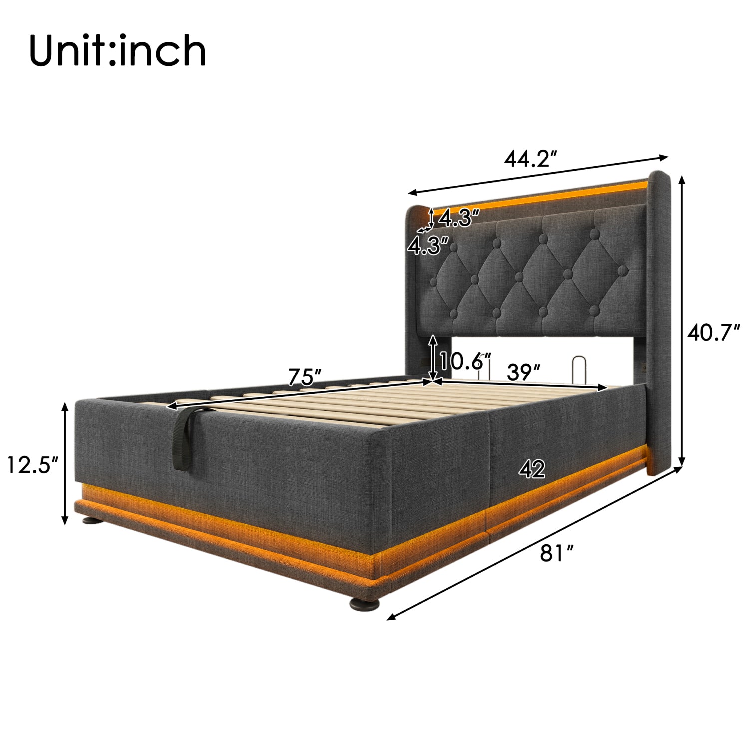 Streamdale Upholstered Bed with Surround LED, Hydraulic Storage, USB-C Charging