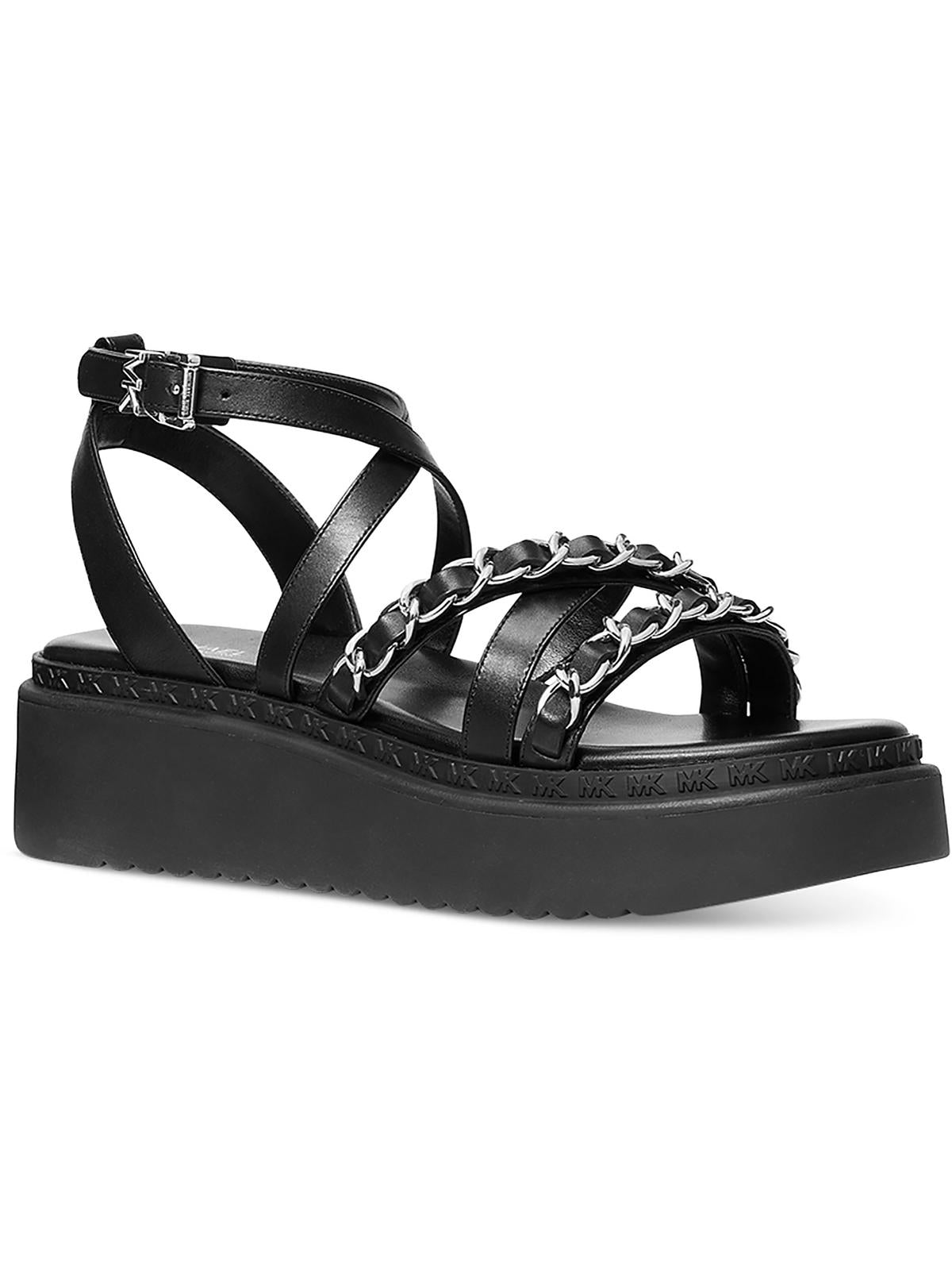 Michael Michael Kors Issi Flatform Womens Leather Chain Flatform Sandals In Black