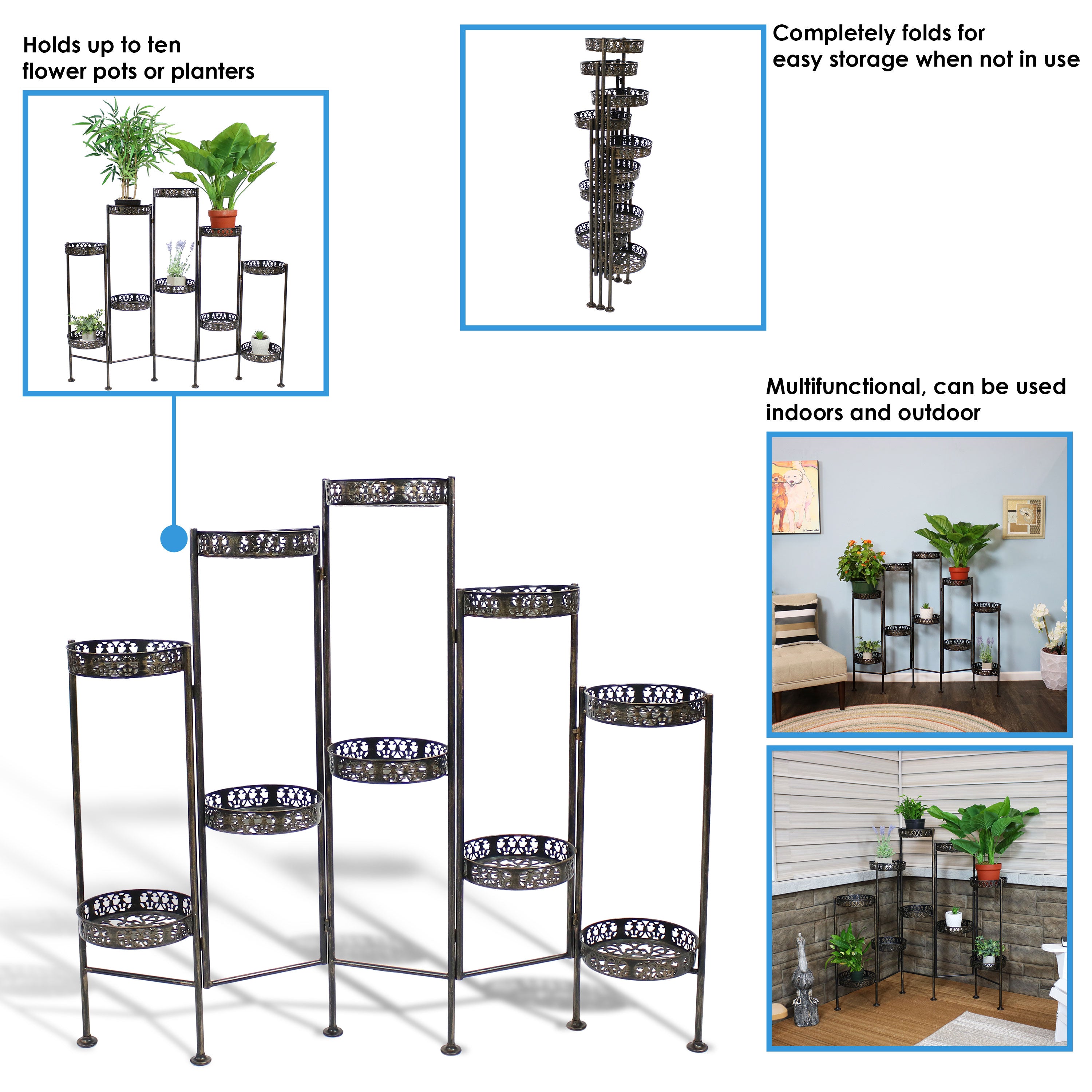 Sunnydaze Indoor/Outdoor Steel 10-Tiered Folding Succulent Flower Plant Display Stand - 52" - Bronze