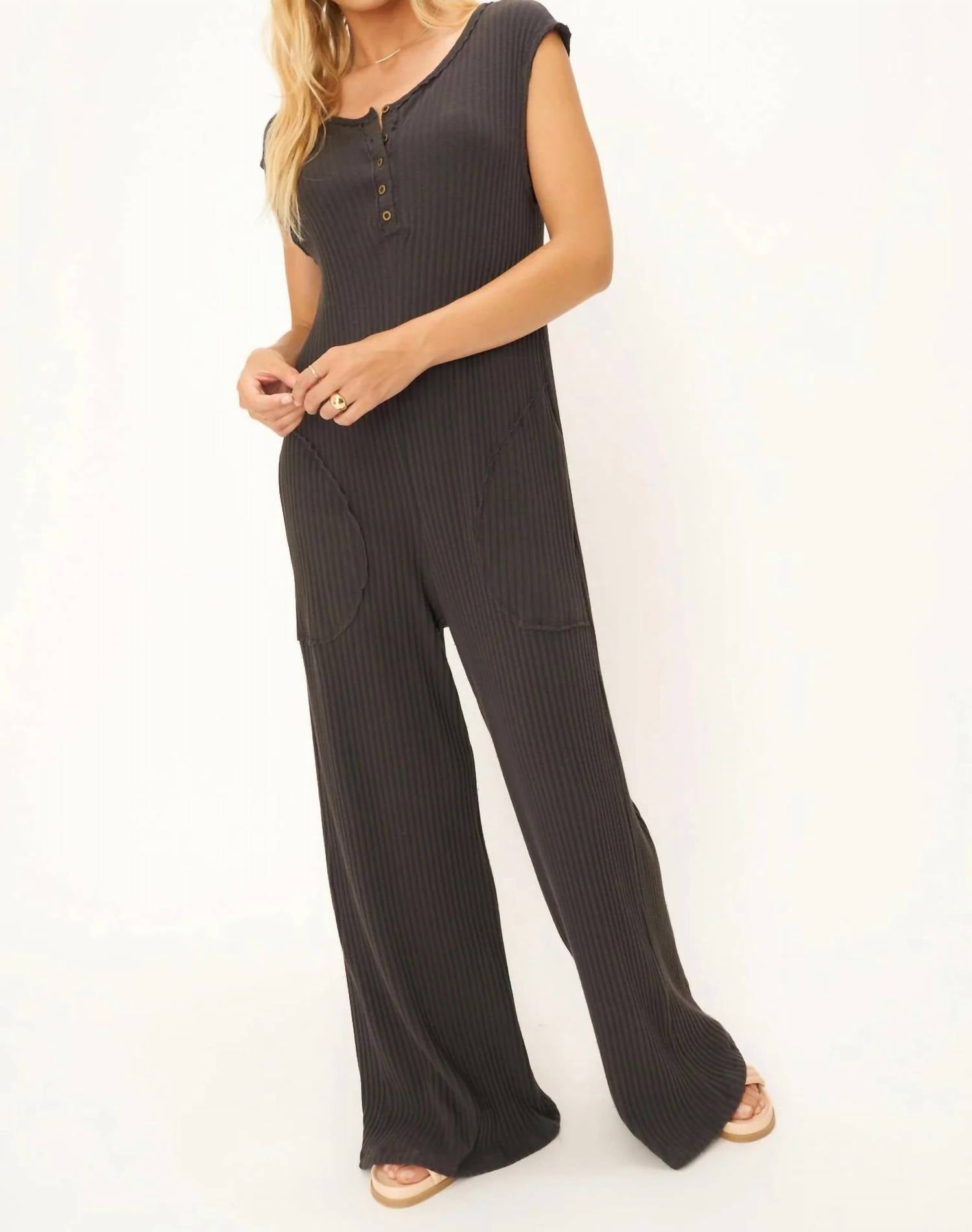 Shop Project Social T Frida Henley Sweater Rib Jumpsuit In Black