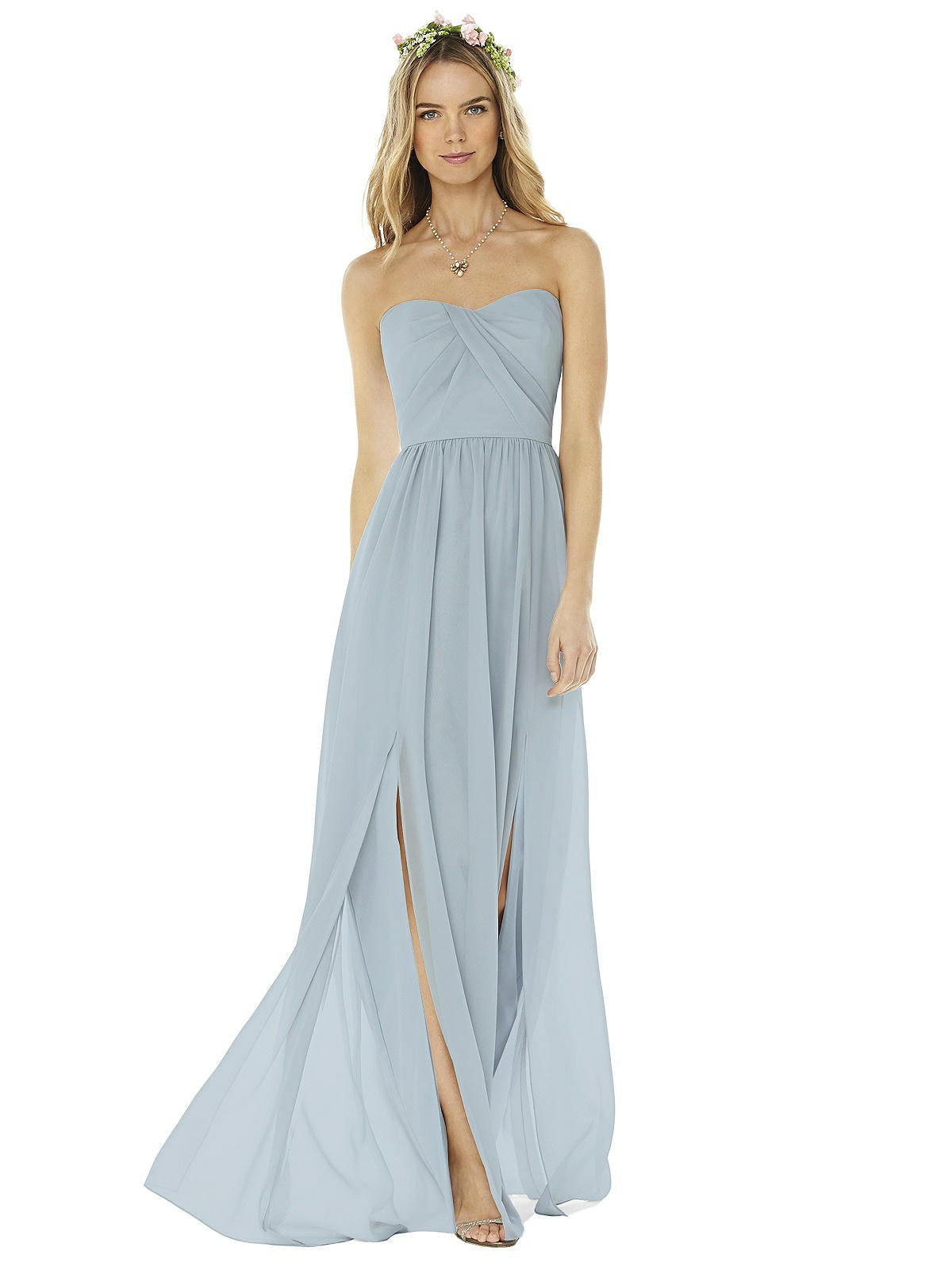 Shop Social Strapless Draped Bodice Maxi Dress With Front Slits In Grey